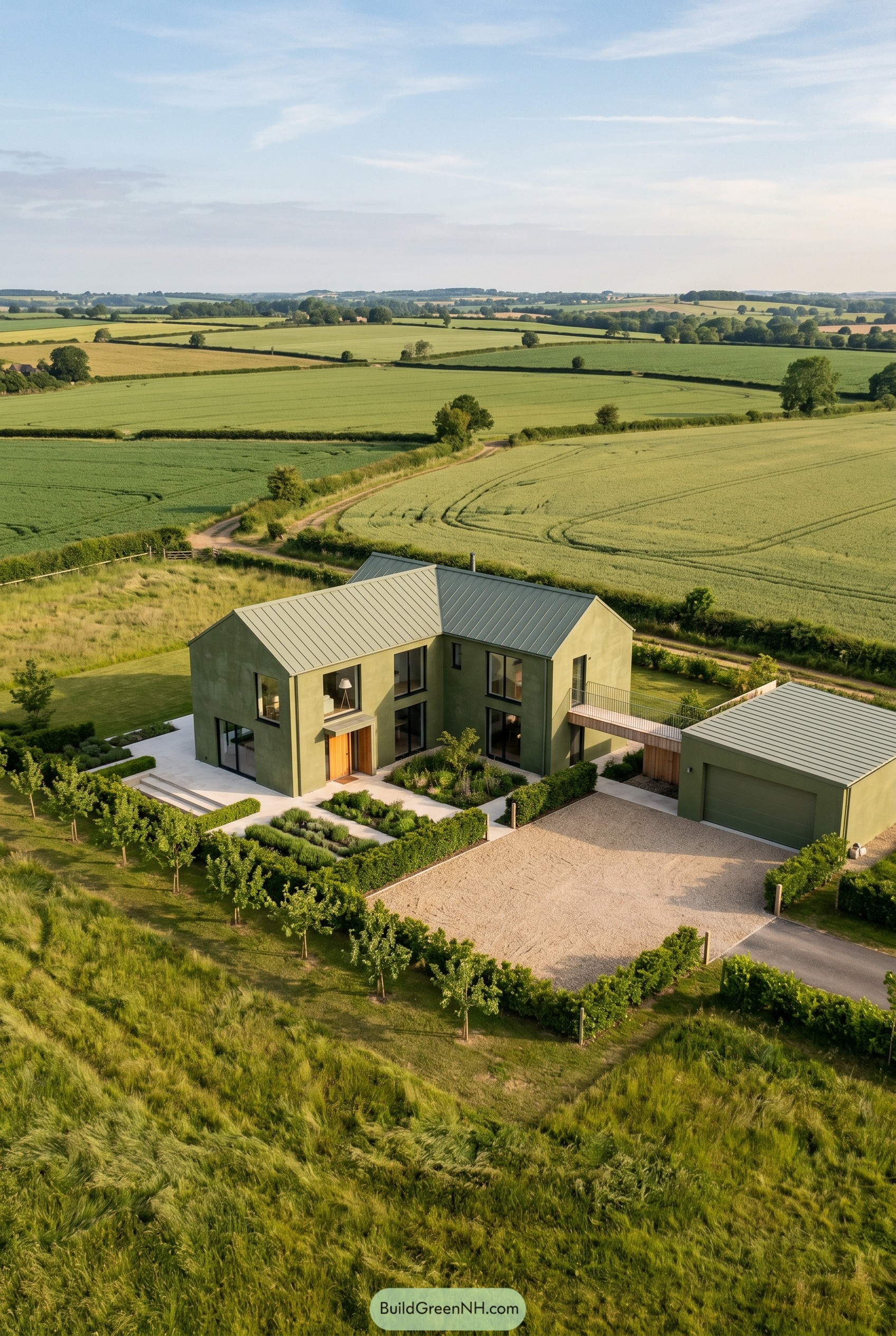 Olive green modern farmhouse with linked garage