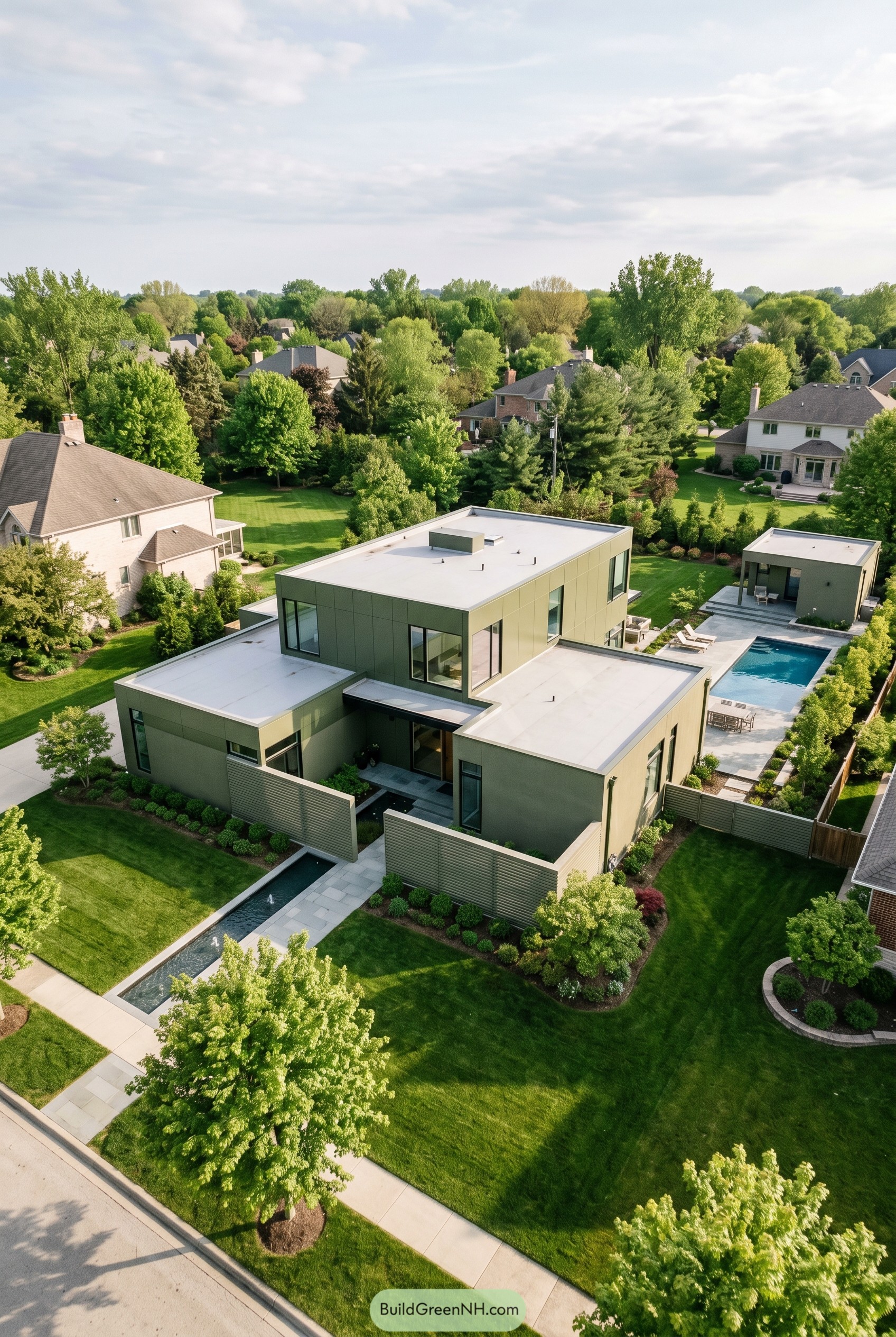 Olive green modern house with lap pool