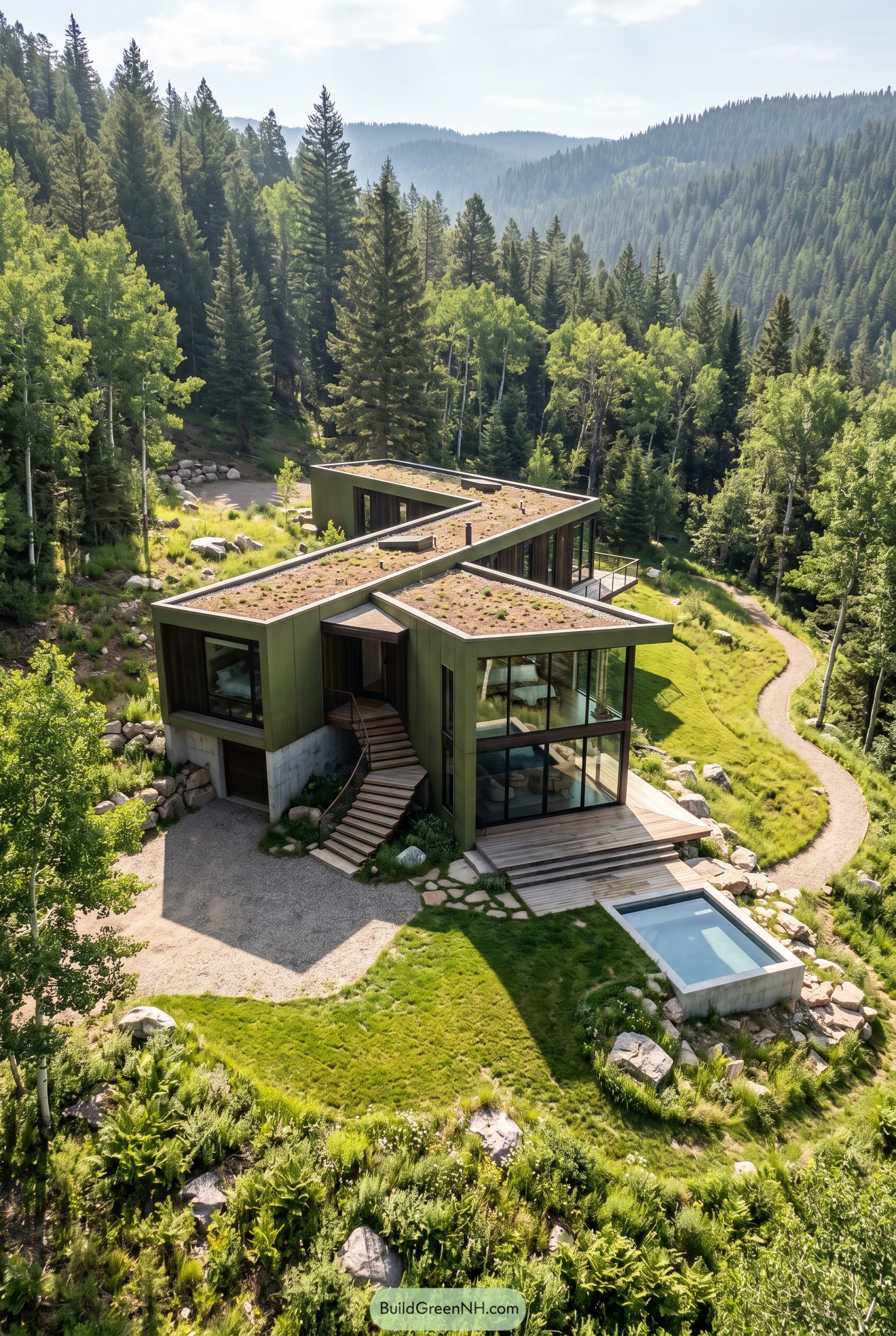 Olive green angular hillside home with green roof