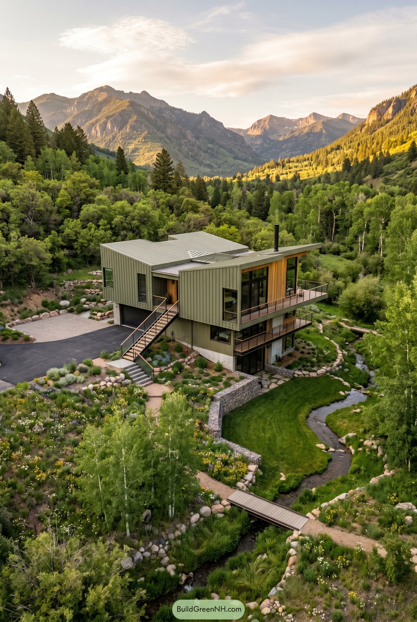 Olive green modern hillside house beside a creek