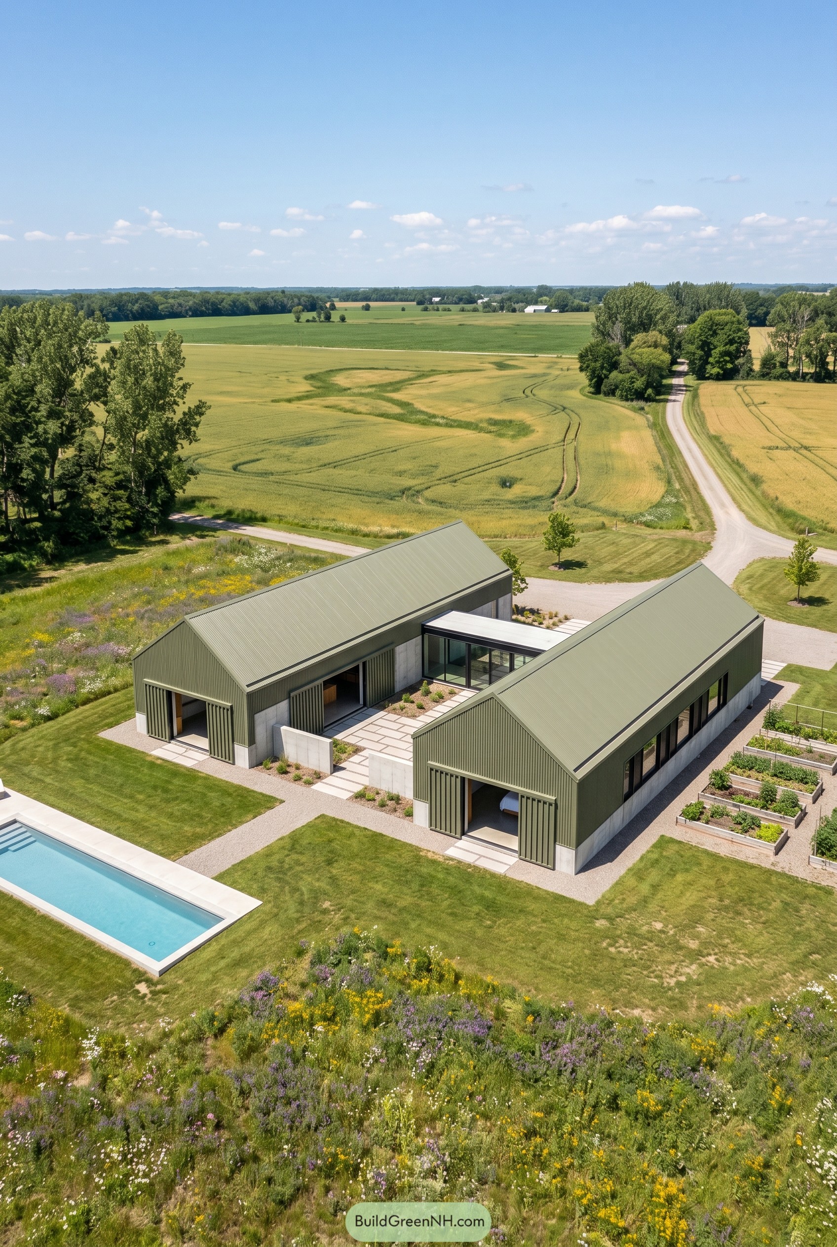 Olive green twin gable house with pool