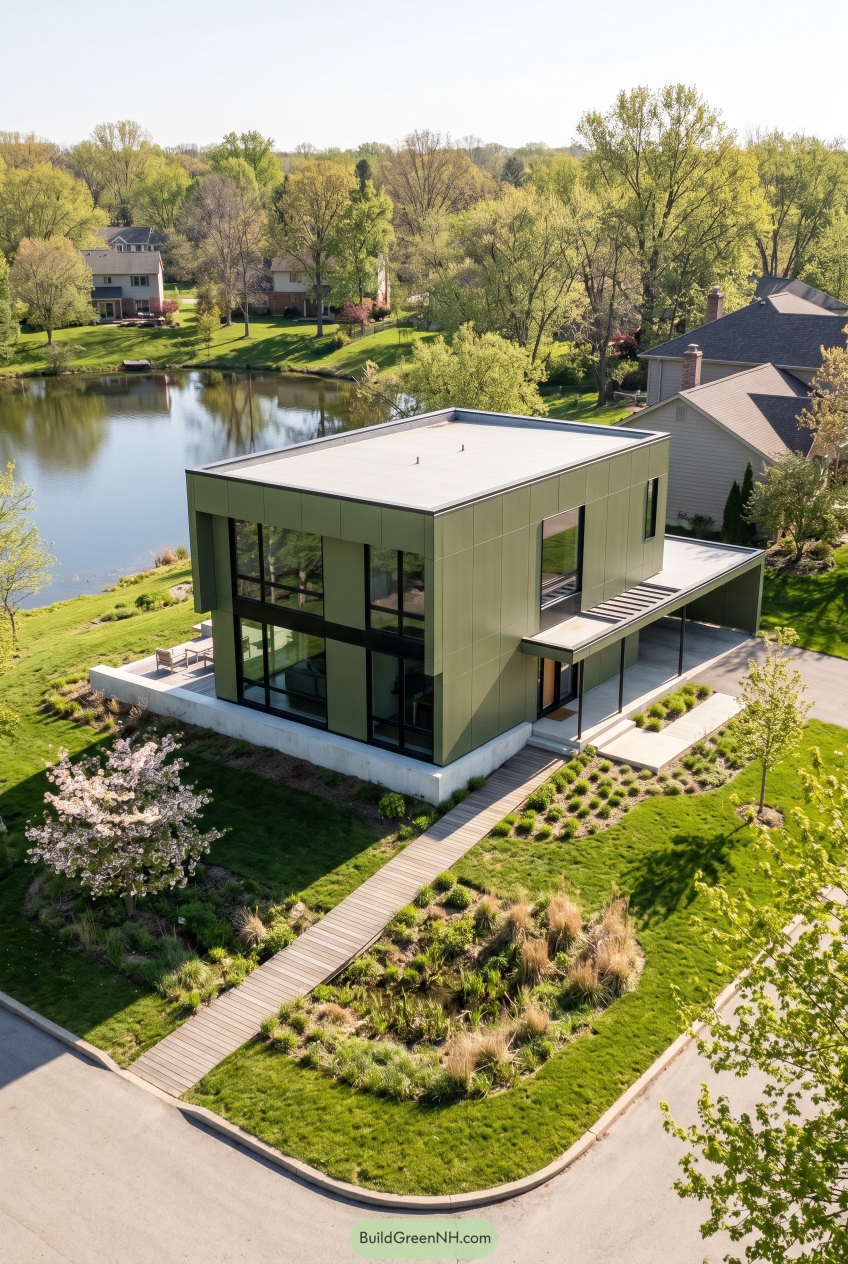 Olive green modern house beside a pond