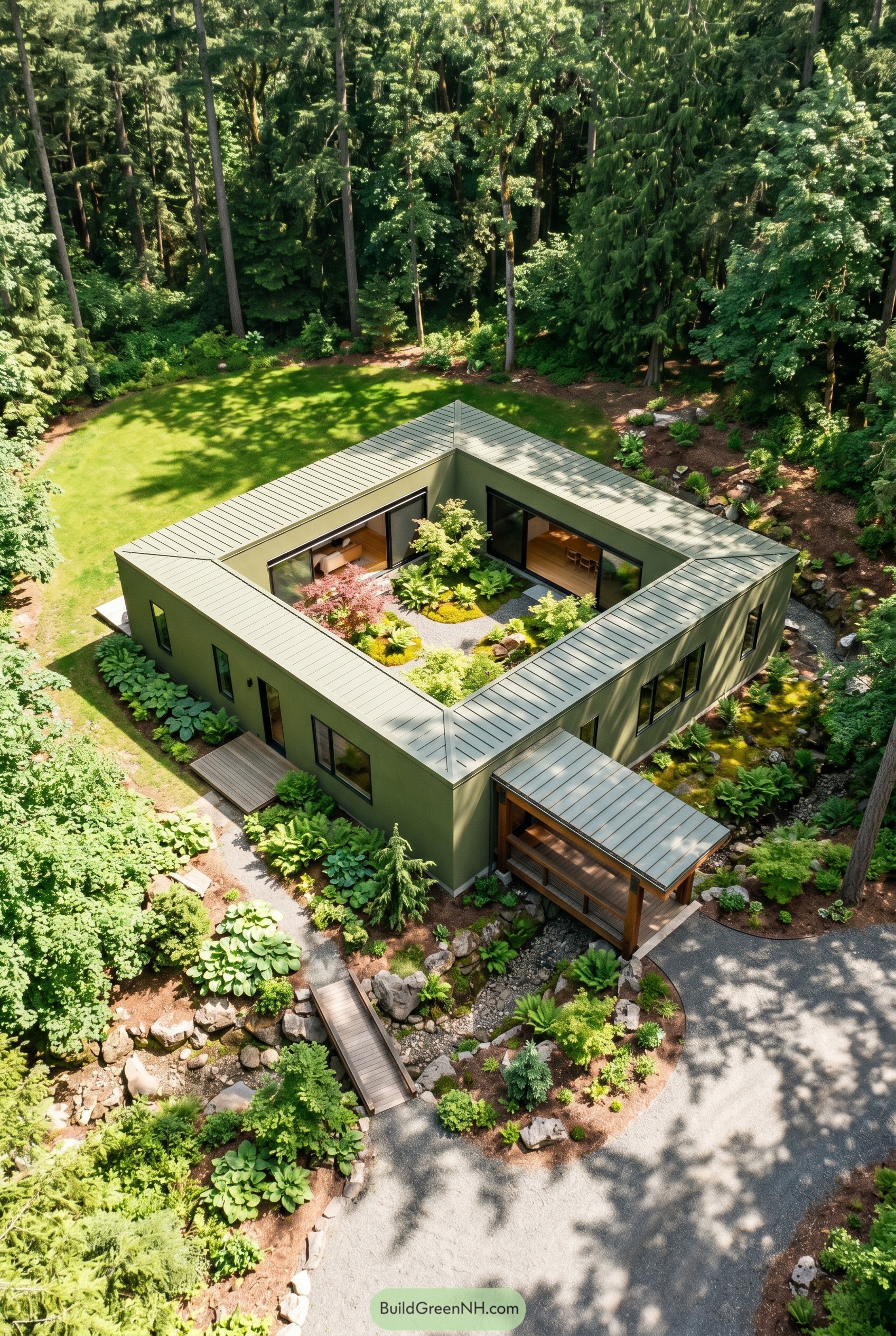 Olive green courtyard home in a forest clearing