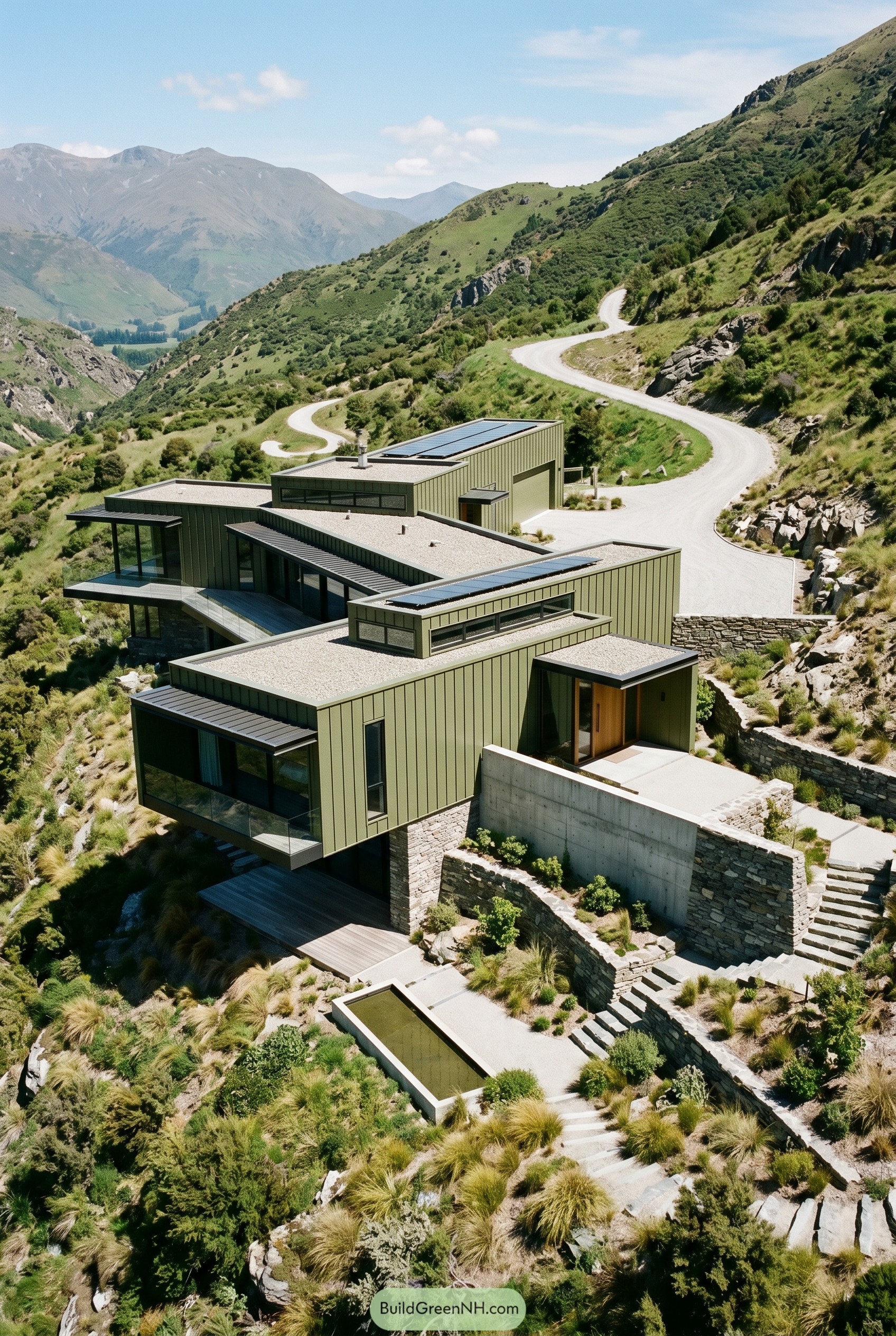 Olive green terraced hillside house with flat roofs