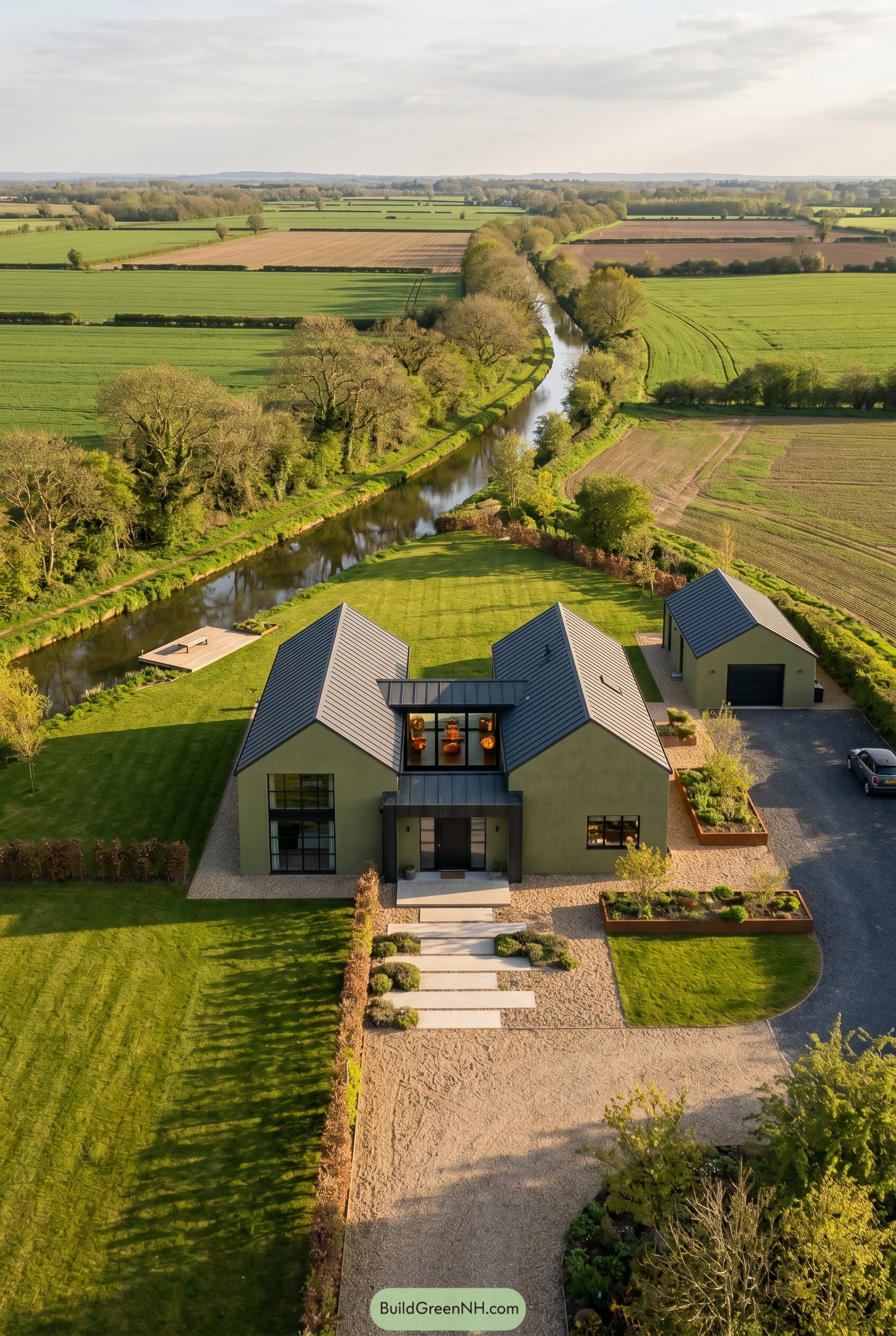 Olive green modern house beside a canal