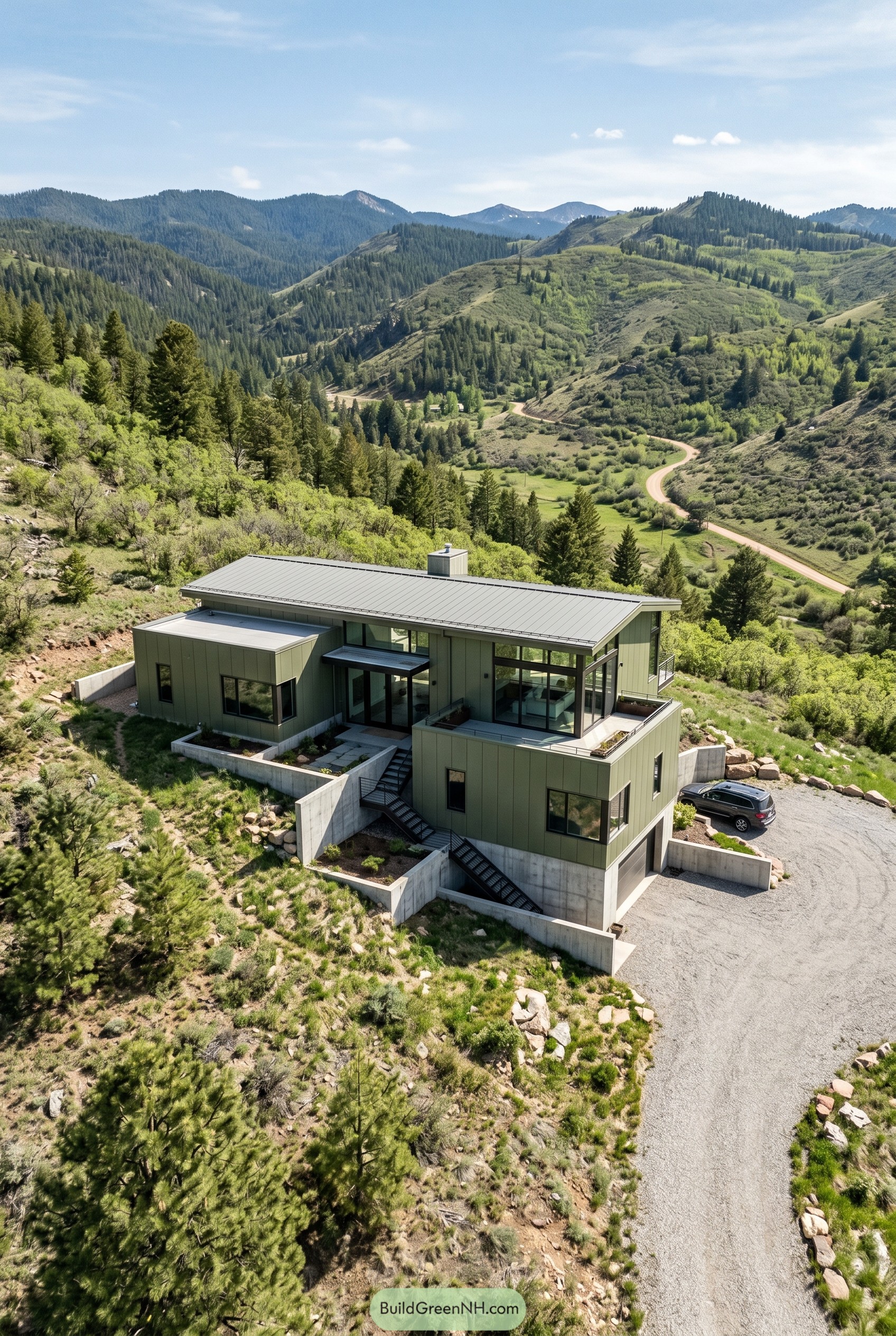 Olive green modern hillside home with mountain views