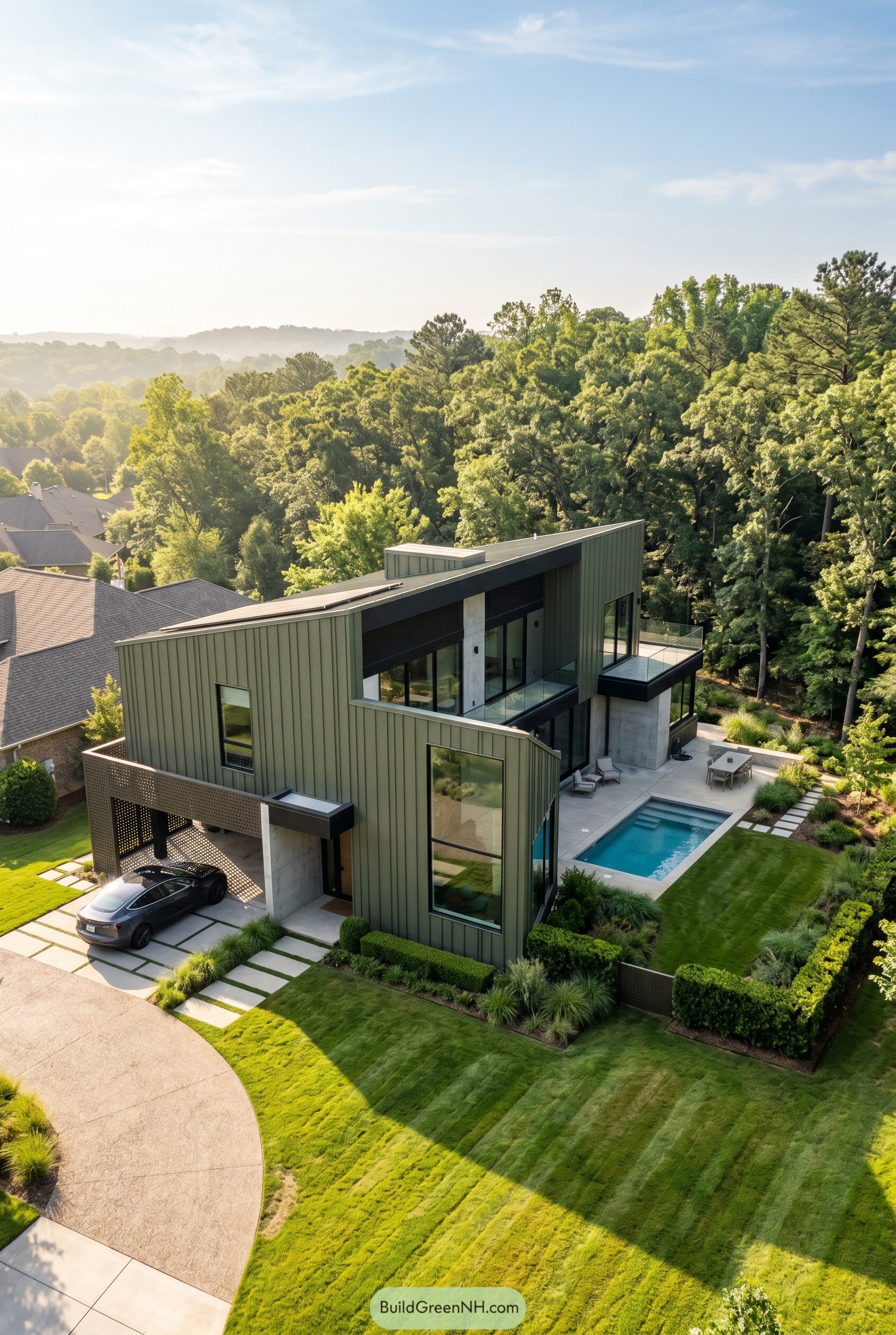 Olive green modern house with pool and balconies