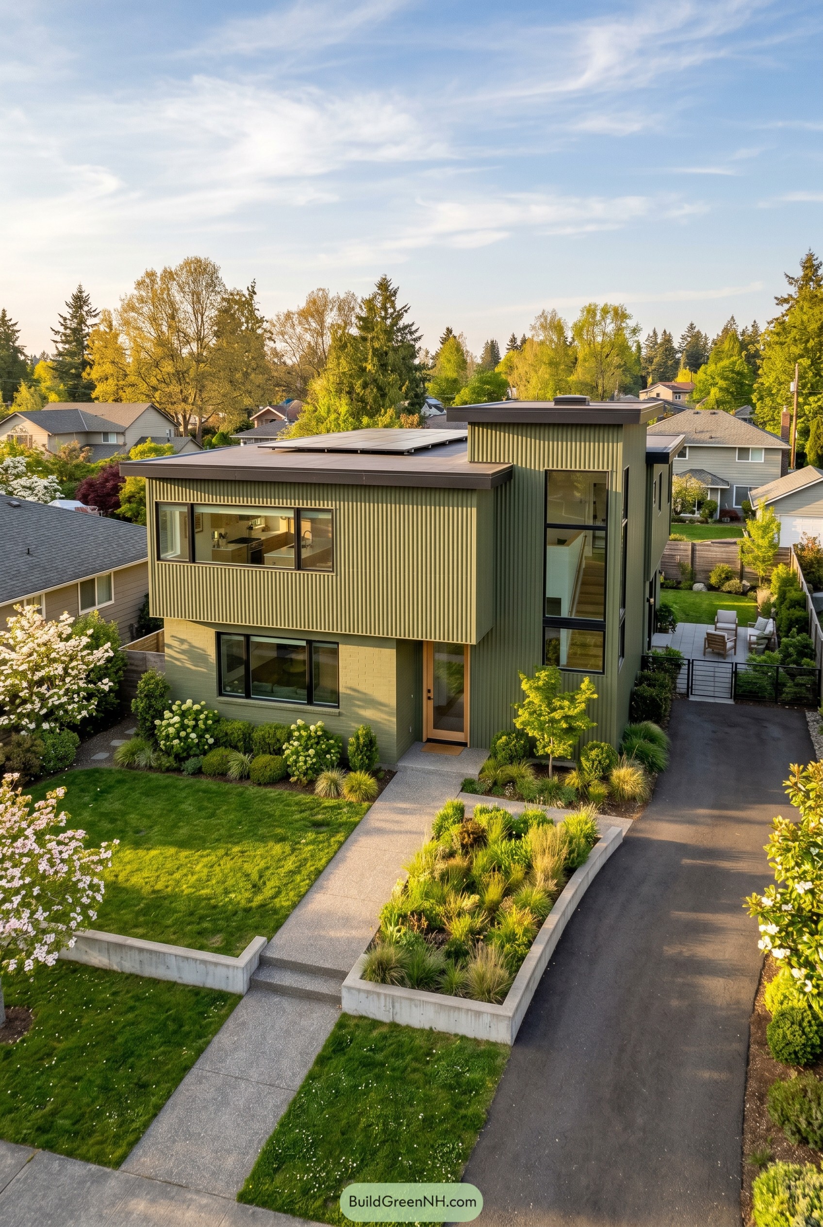 Ultra modern olive green house with flat roof