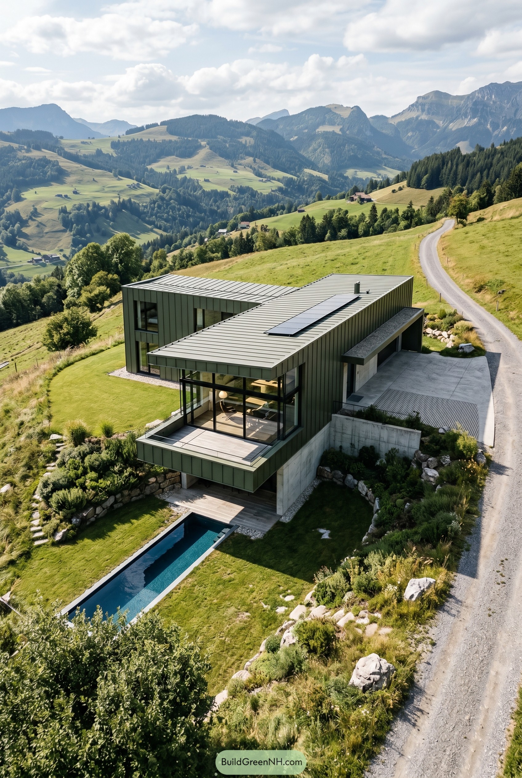 Olive green hillside house with lap pool