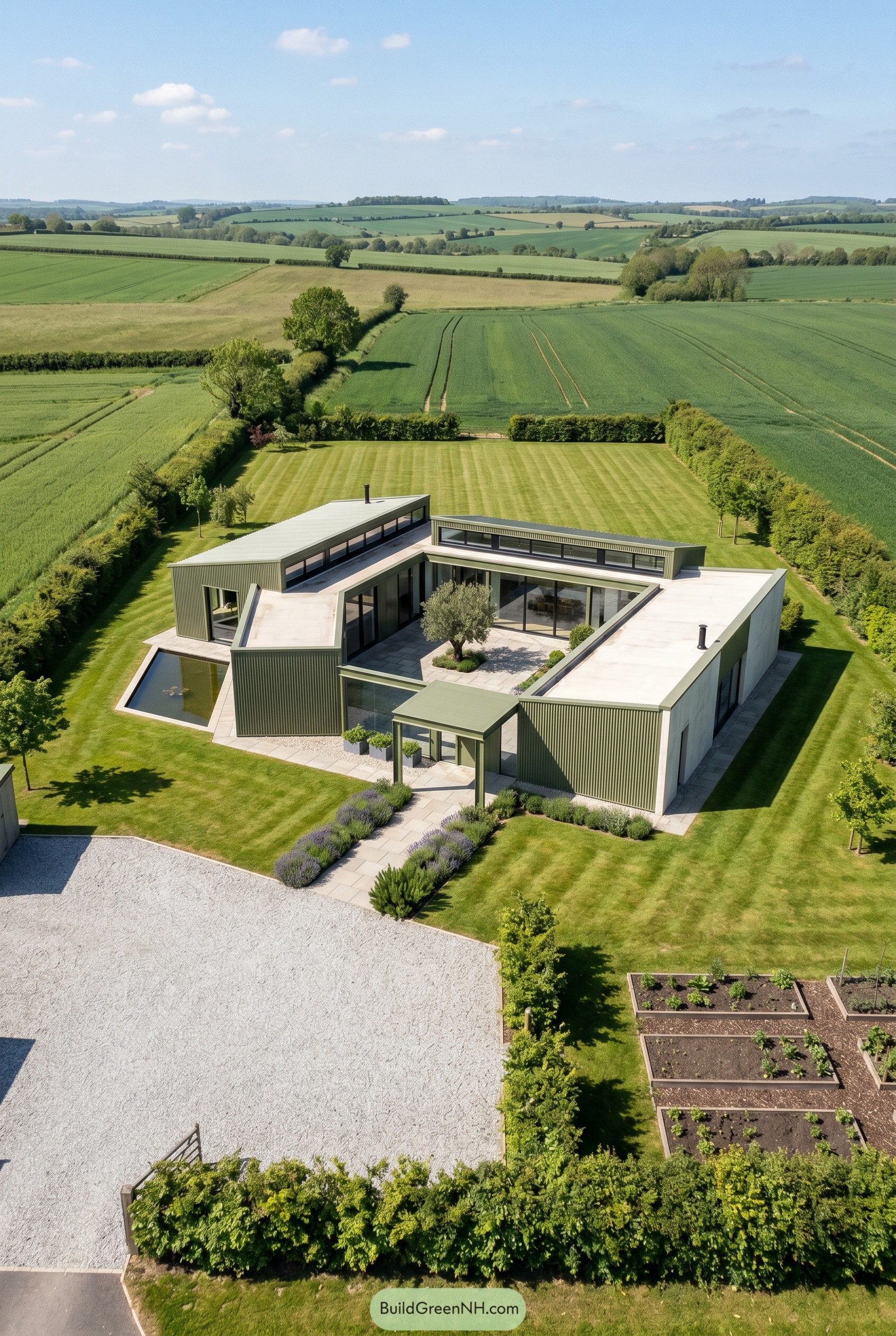 Olive green courtyard home in open farmland