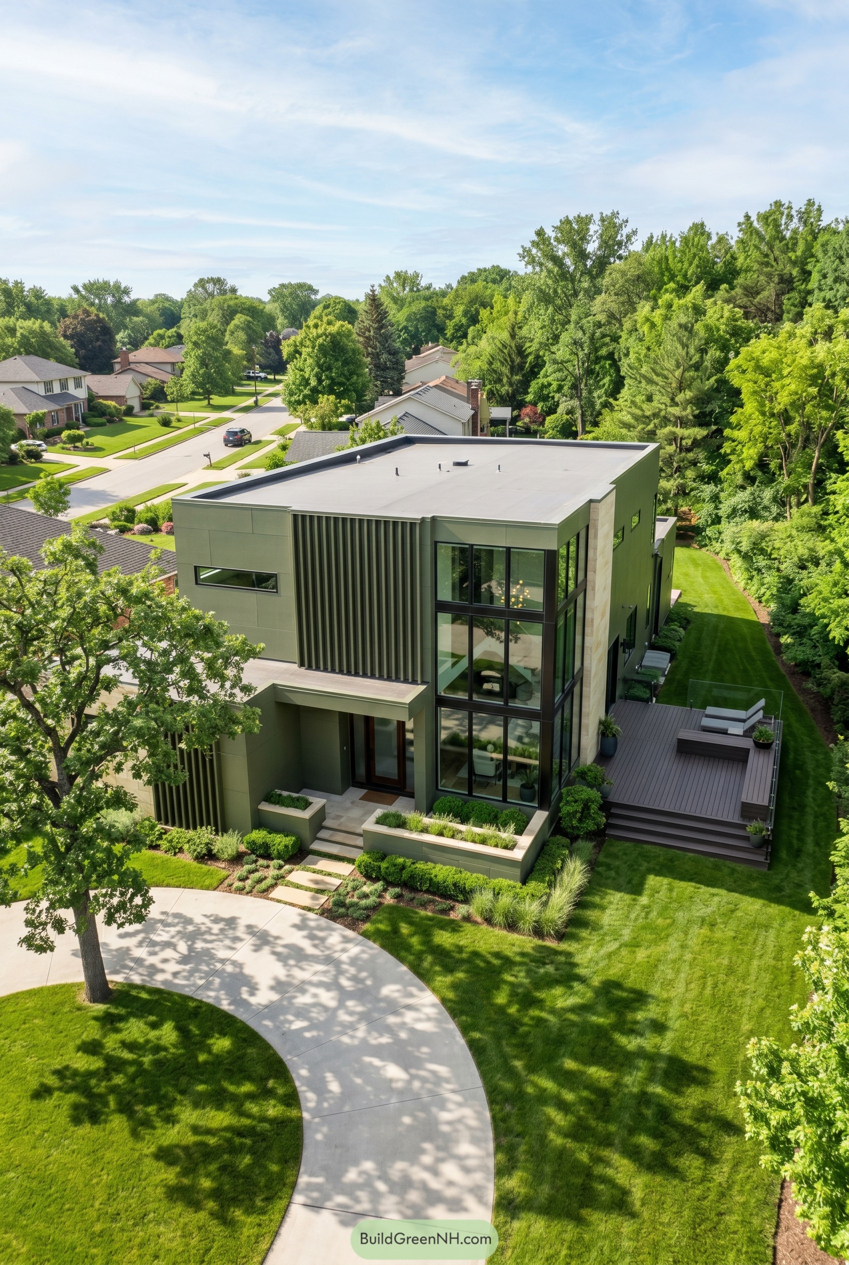 Olive green modern house with tall corner windows