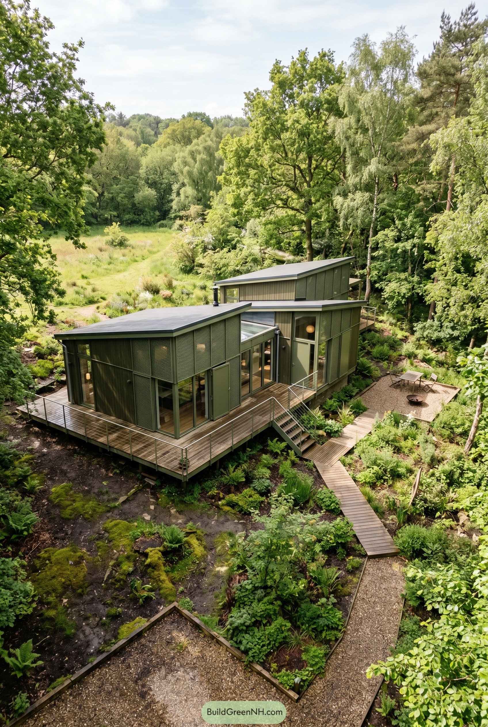 Olive green modern house with angled roofs in a wooded garden