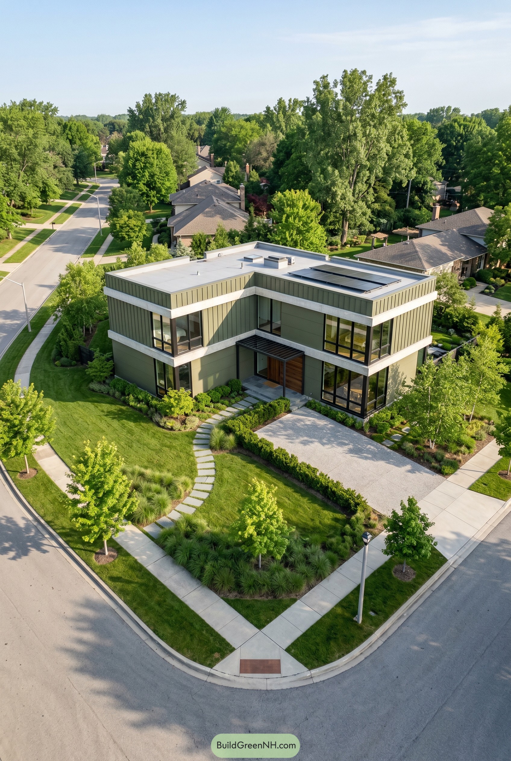 Olive green modern house on corner lot