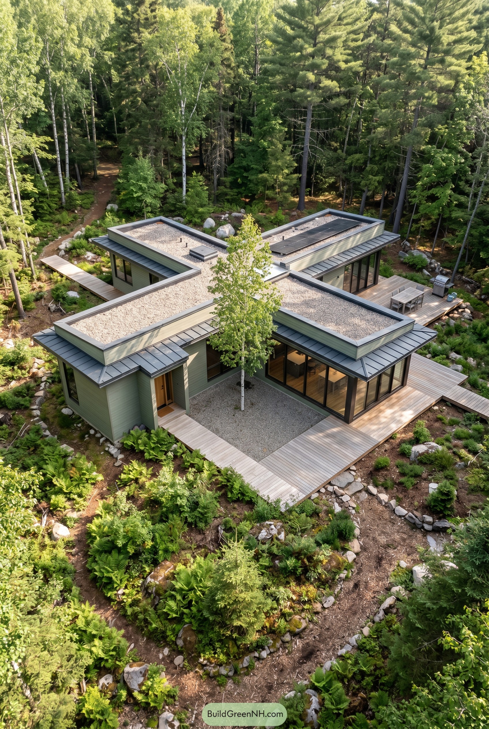 Sage green cross shaped modern house in woods