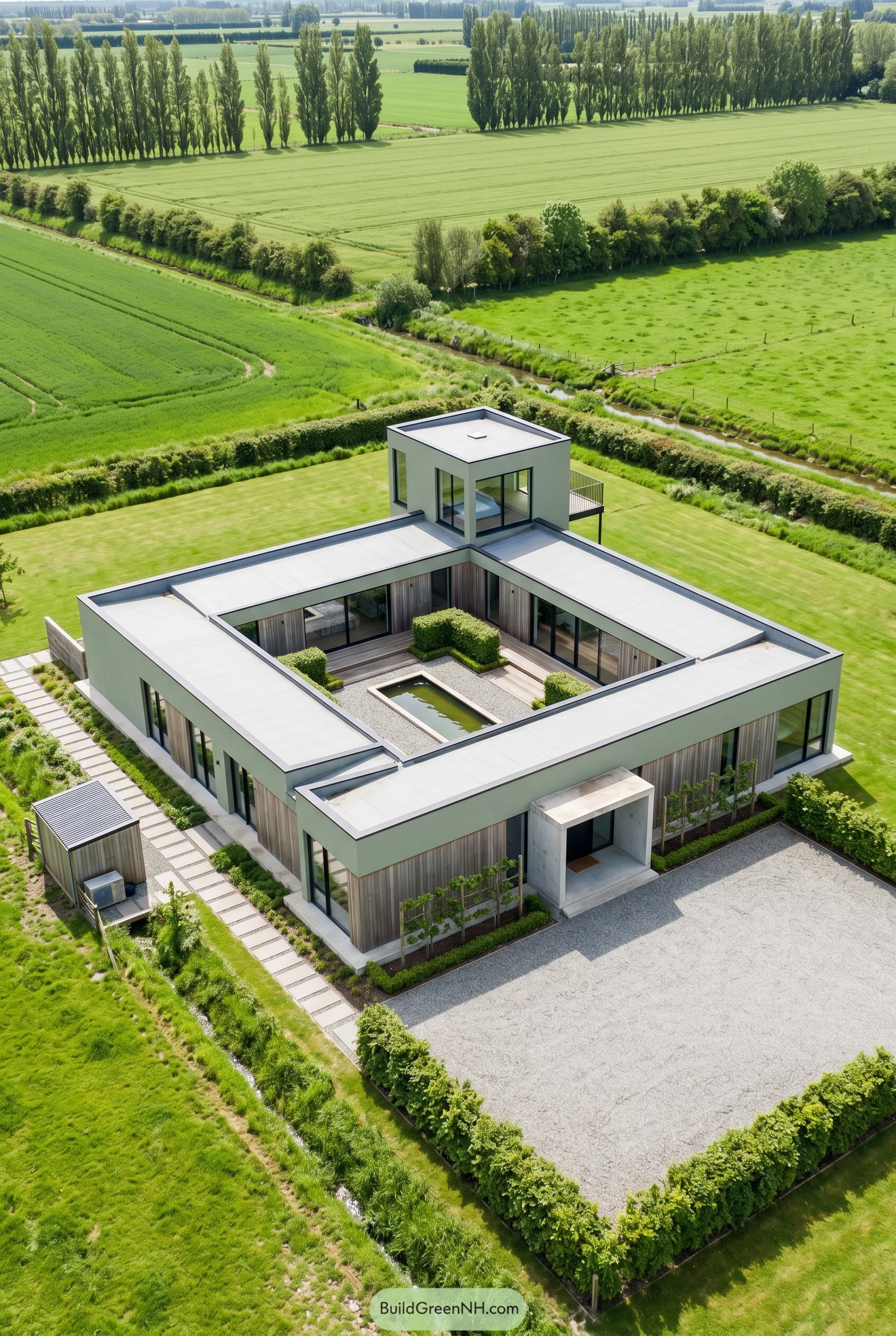Sage green courtyard house with rooftop tower