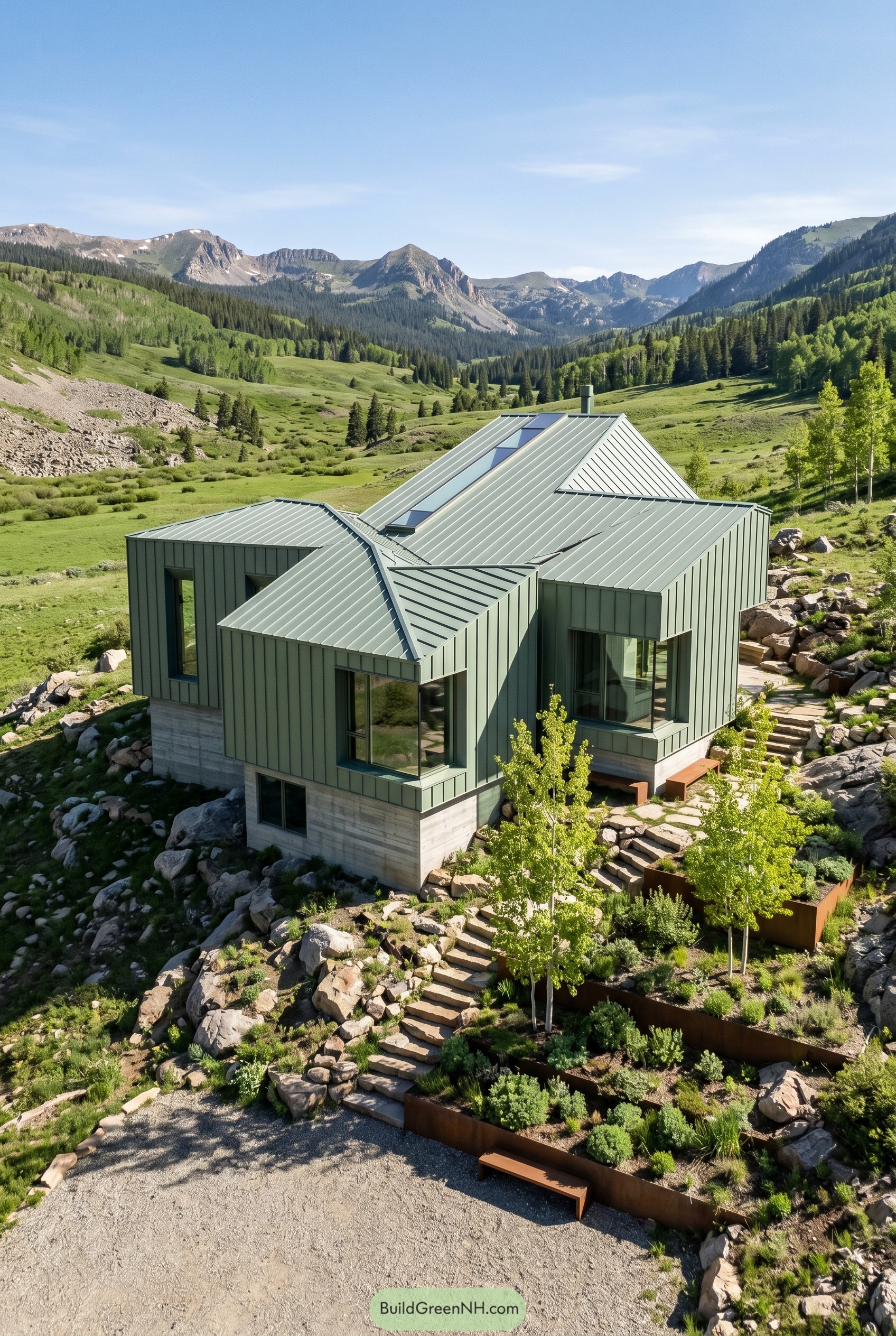 Modern sage green metal house on a rocky mountain slope