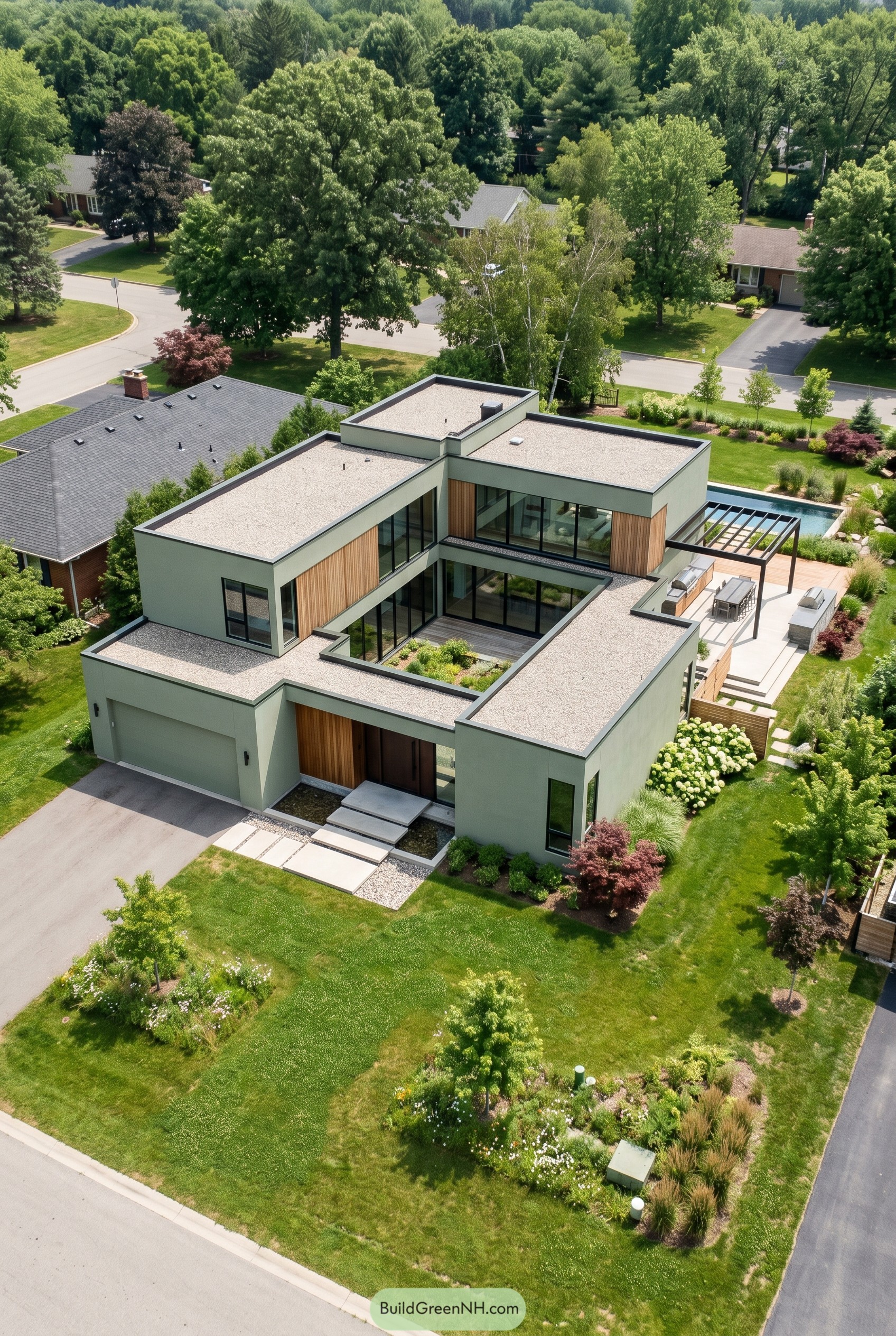 Ultra modern sage green house with courtyard and pool