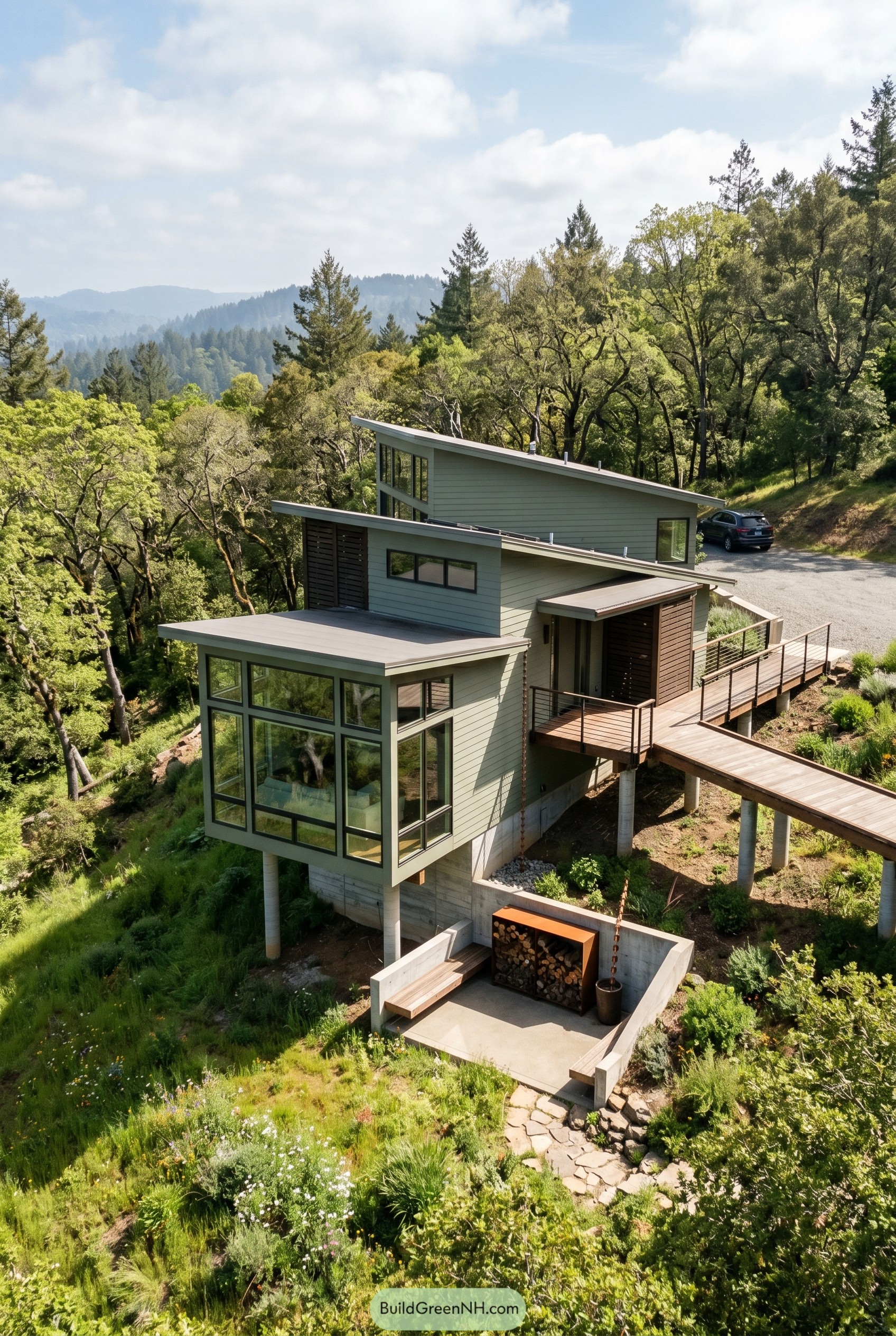 Sage green hillside house on stilts