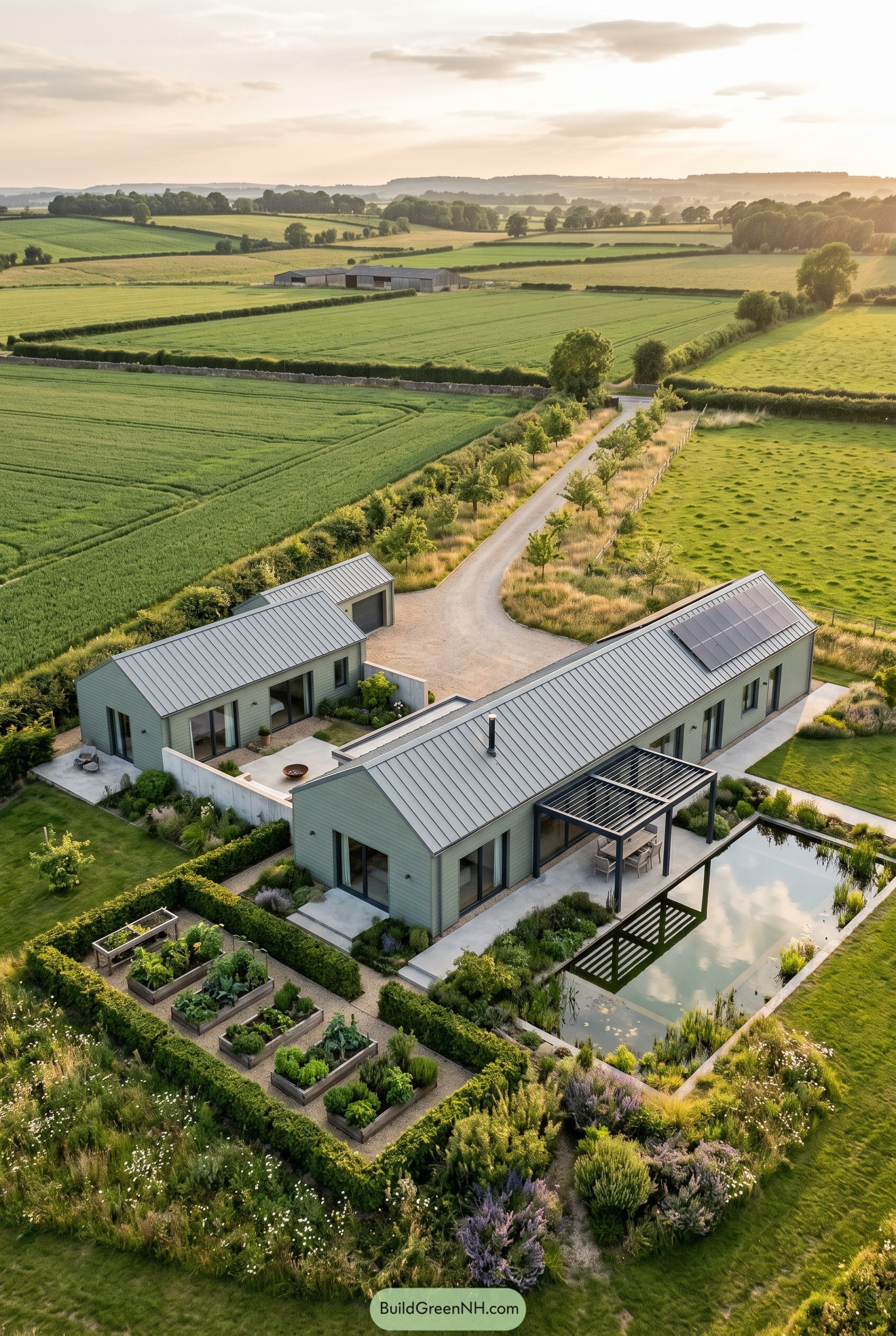 Sage green modern barn house with pond pool and kitchen garden
