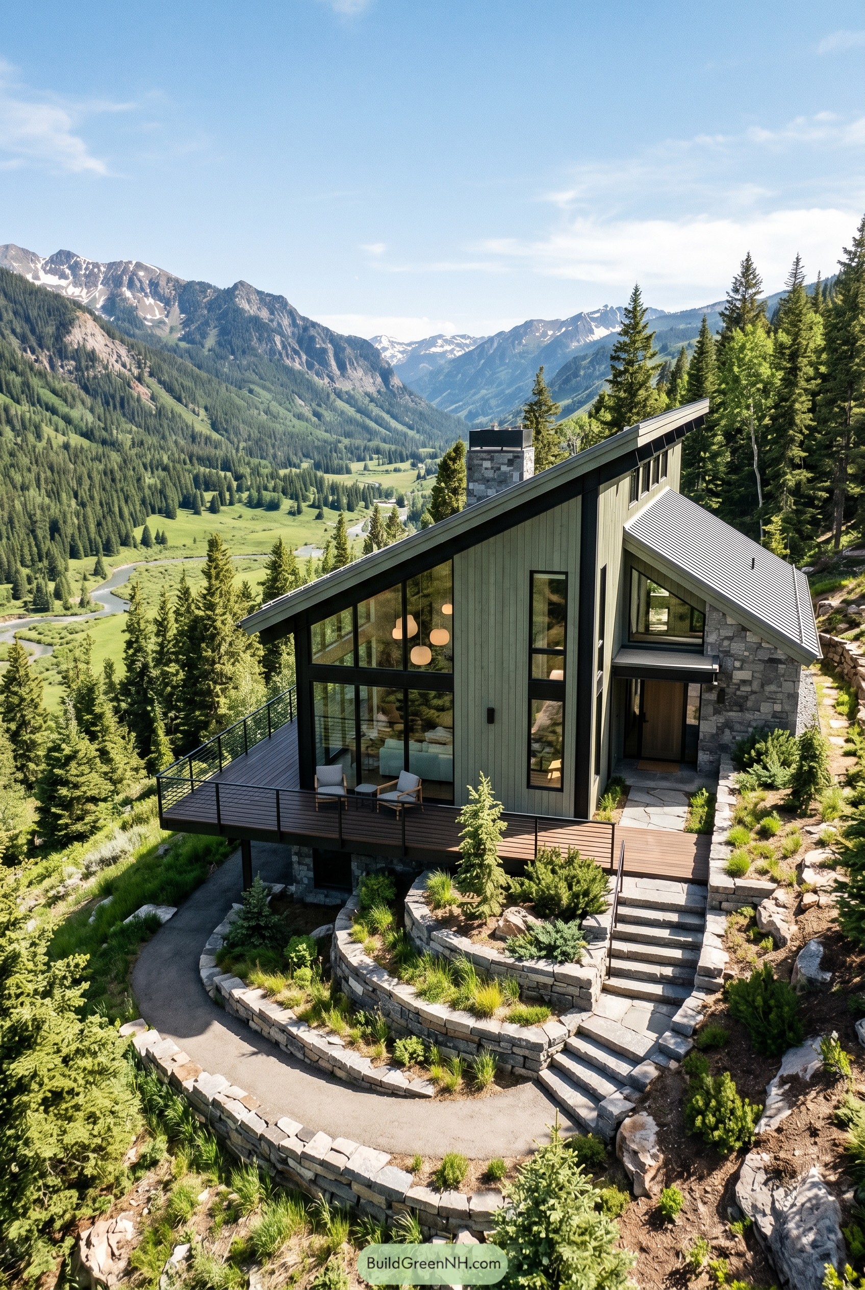 Sage green mountain chalet with steep roof and deck