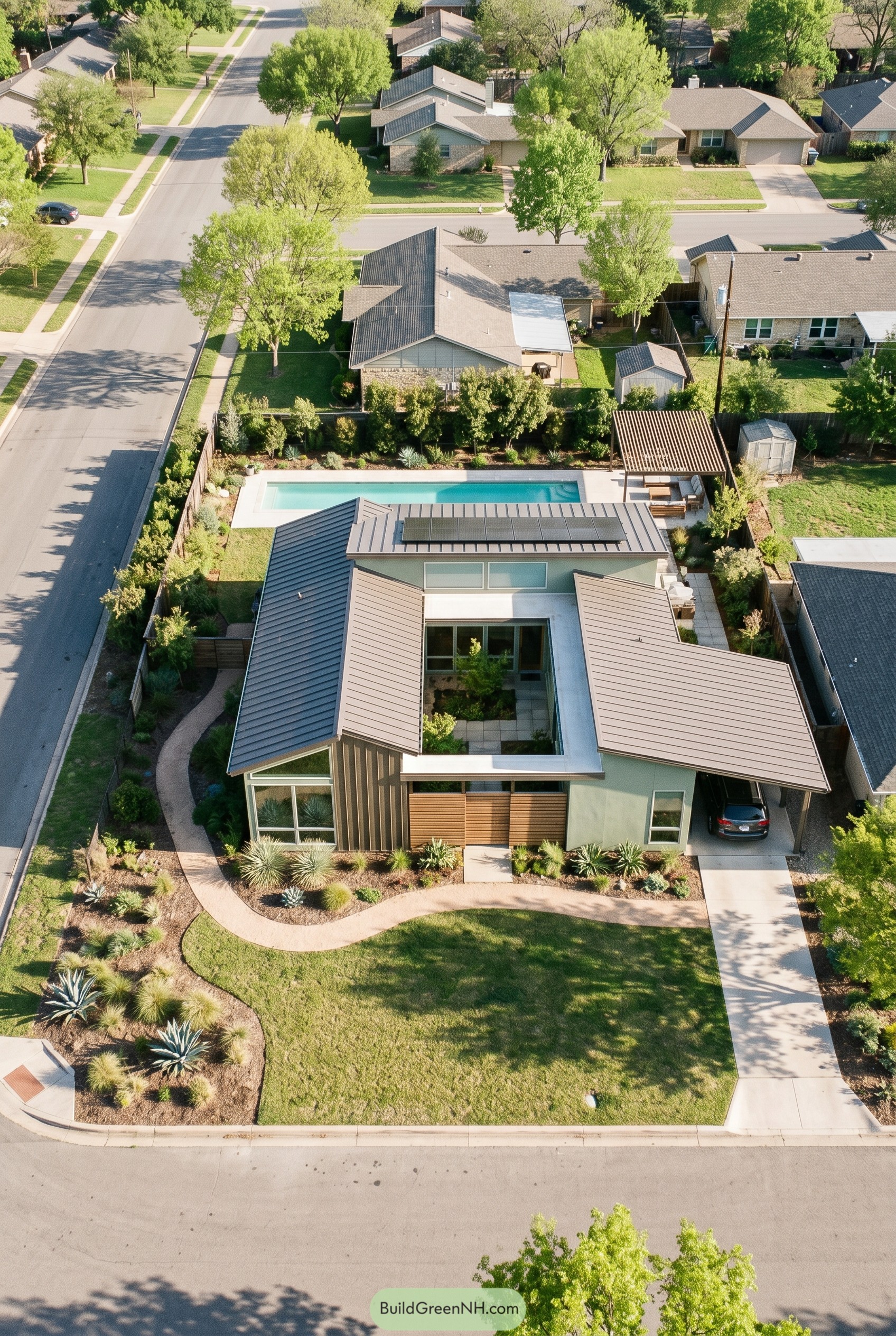 Aerial view of a sage green modern courtyard home with pool