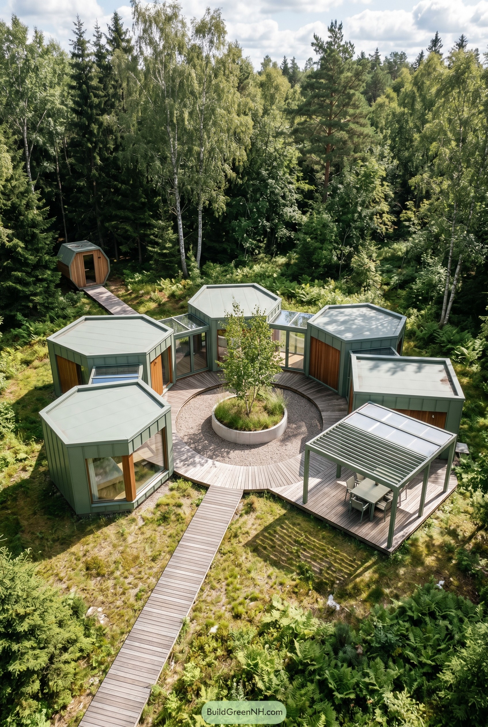 Sage green modular house with hexagonal pods around a circular courtyard in the forest