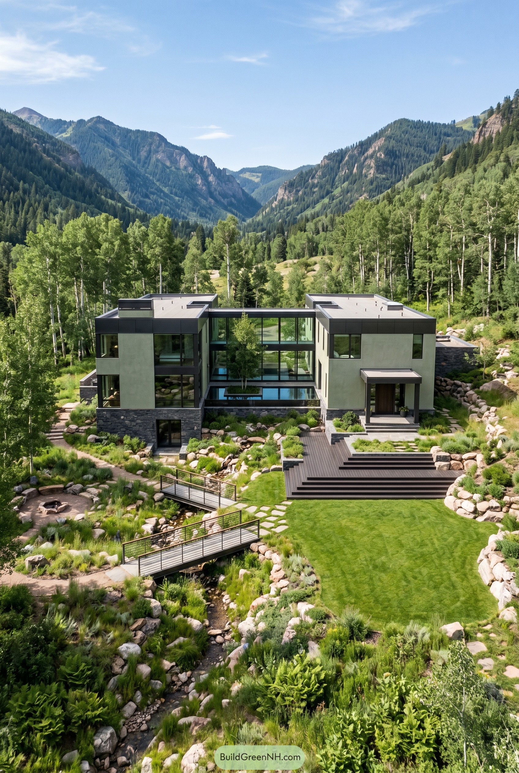 Sage green modern house with glass bridge in the mountains