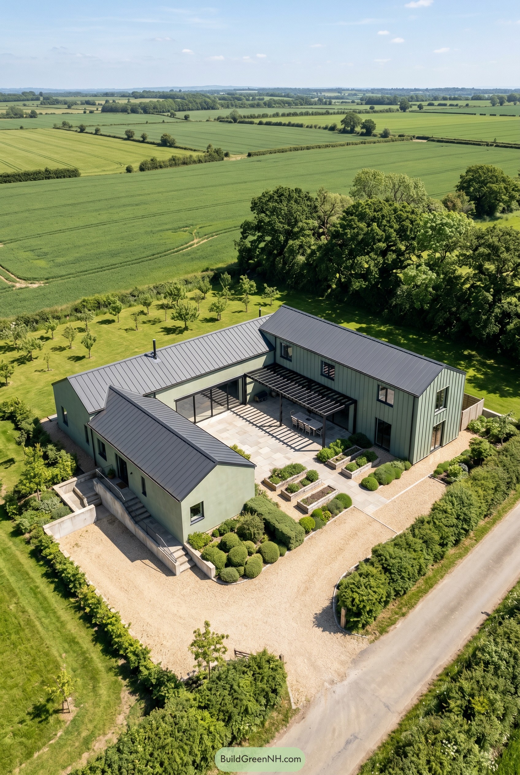 Sage green courtyard house with black roof
