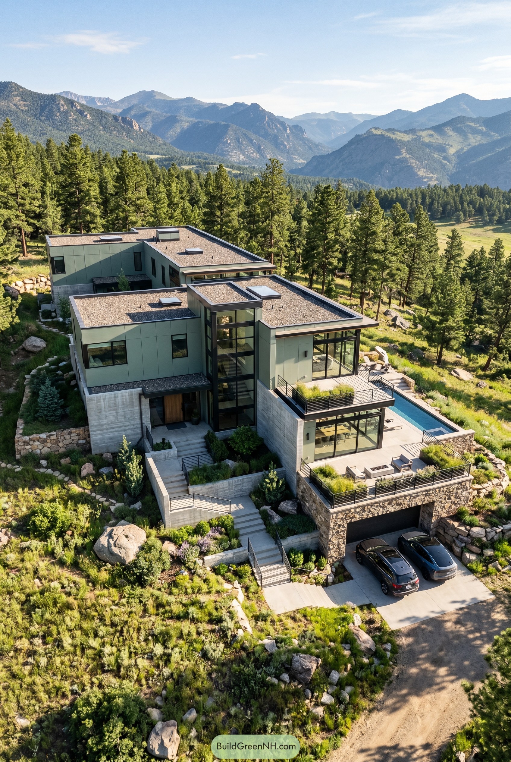 Sage green hillside house with terraces and pool