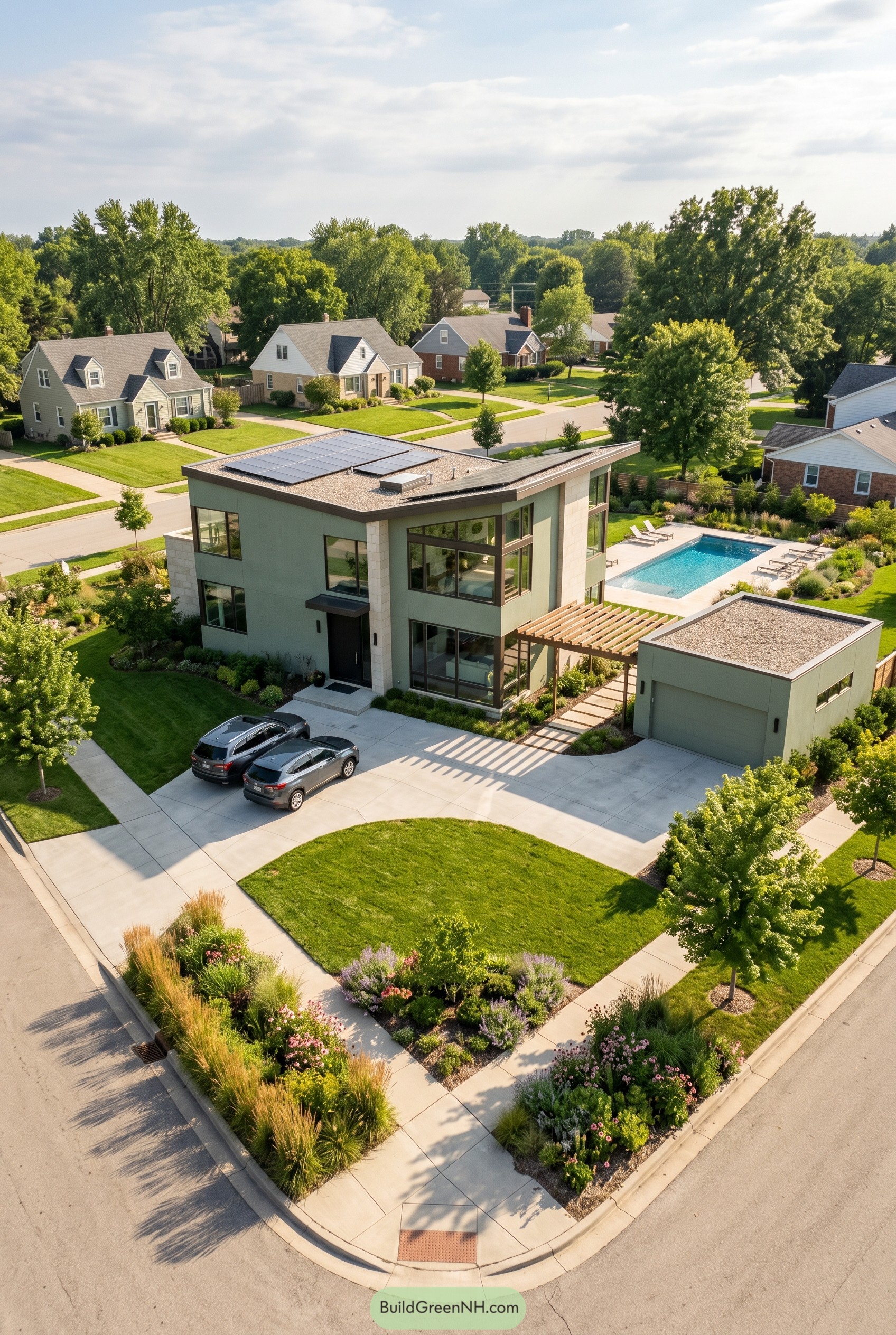 Ultra modern sage green house with pool and pergola