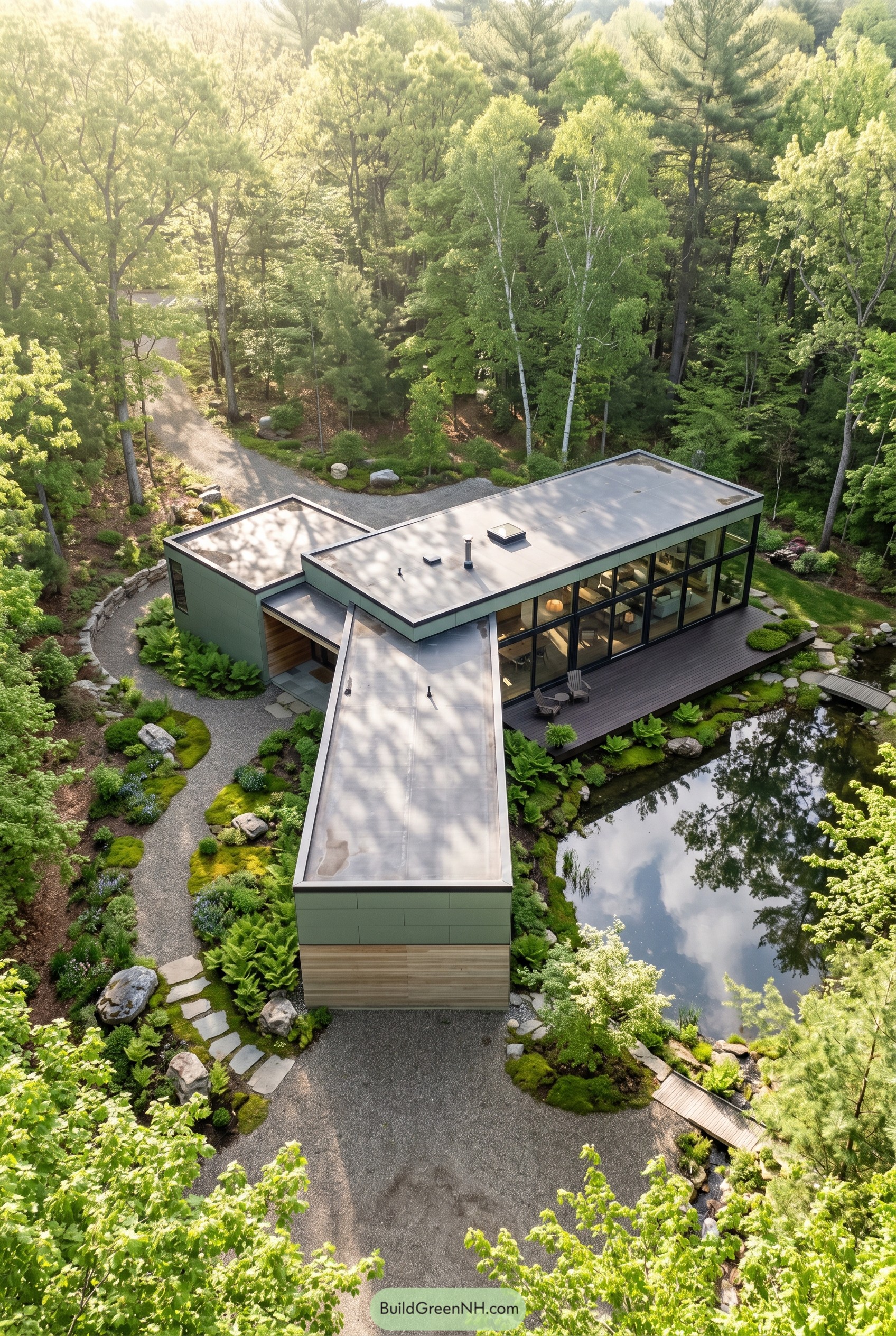 Sage green modern house beside a pond