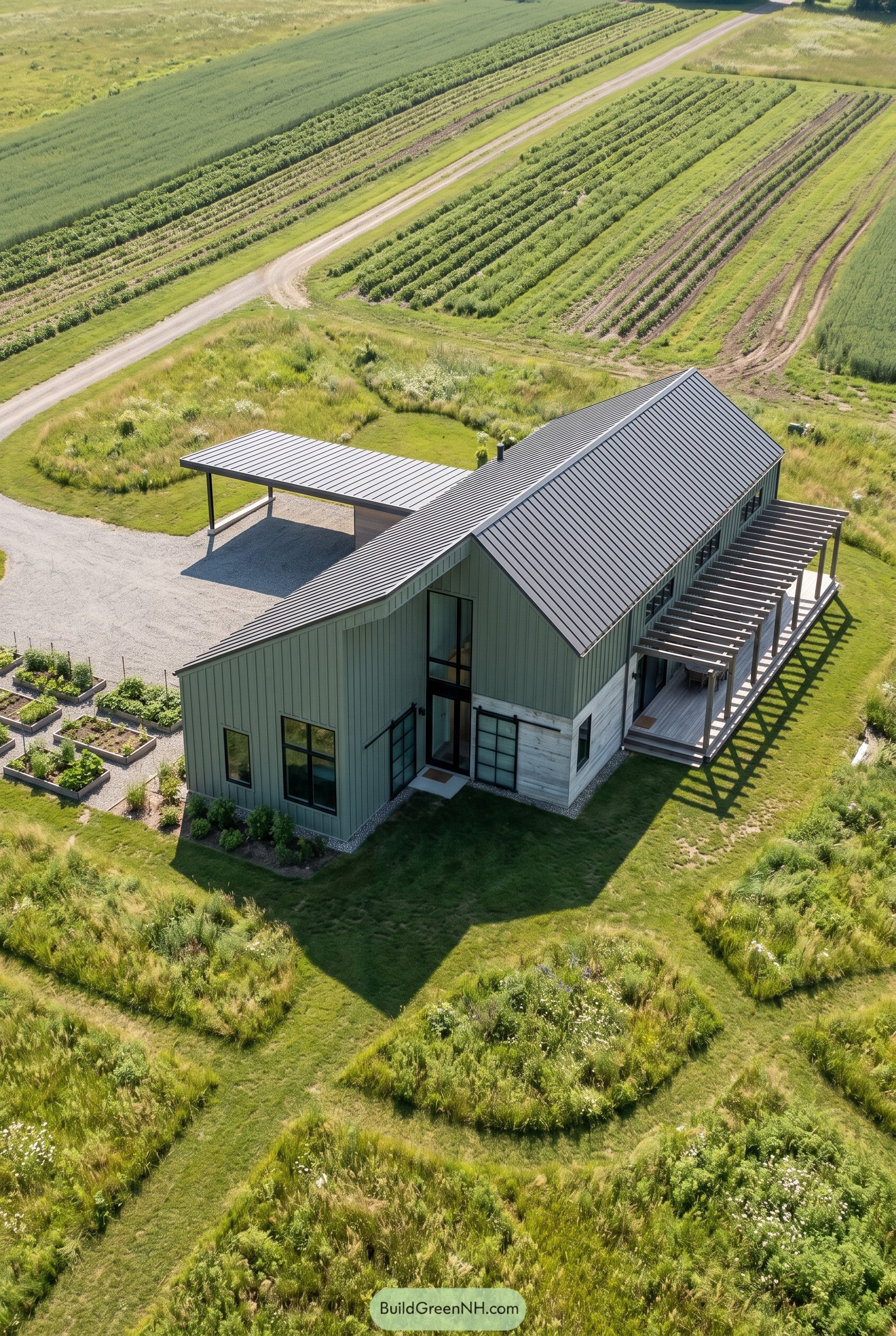 Sage green gabled house beside orchard rows