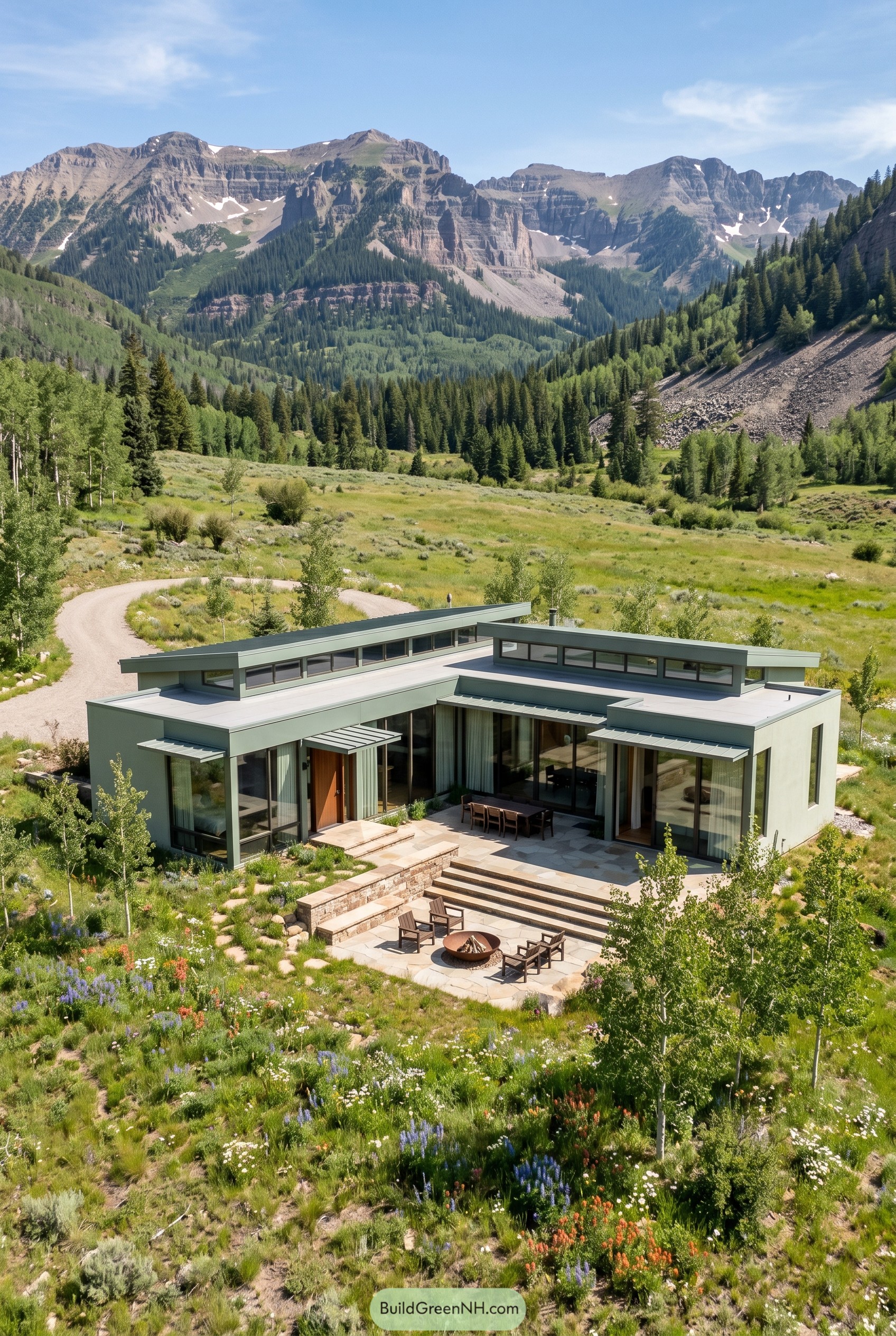 Sage green modern house in alpine meadow