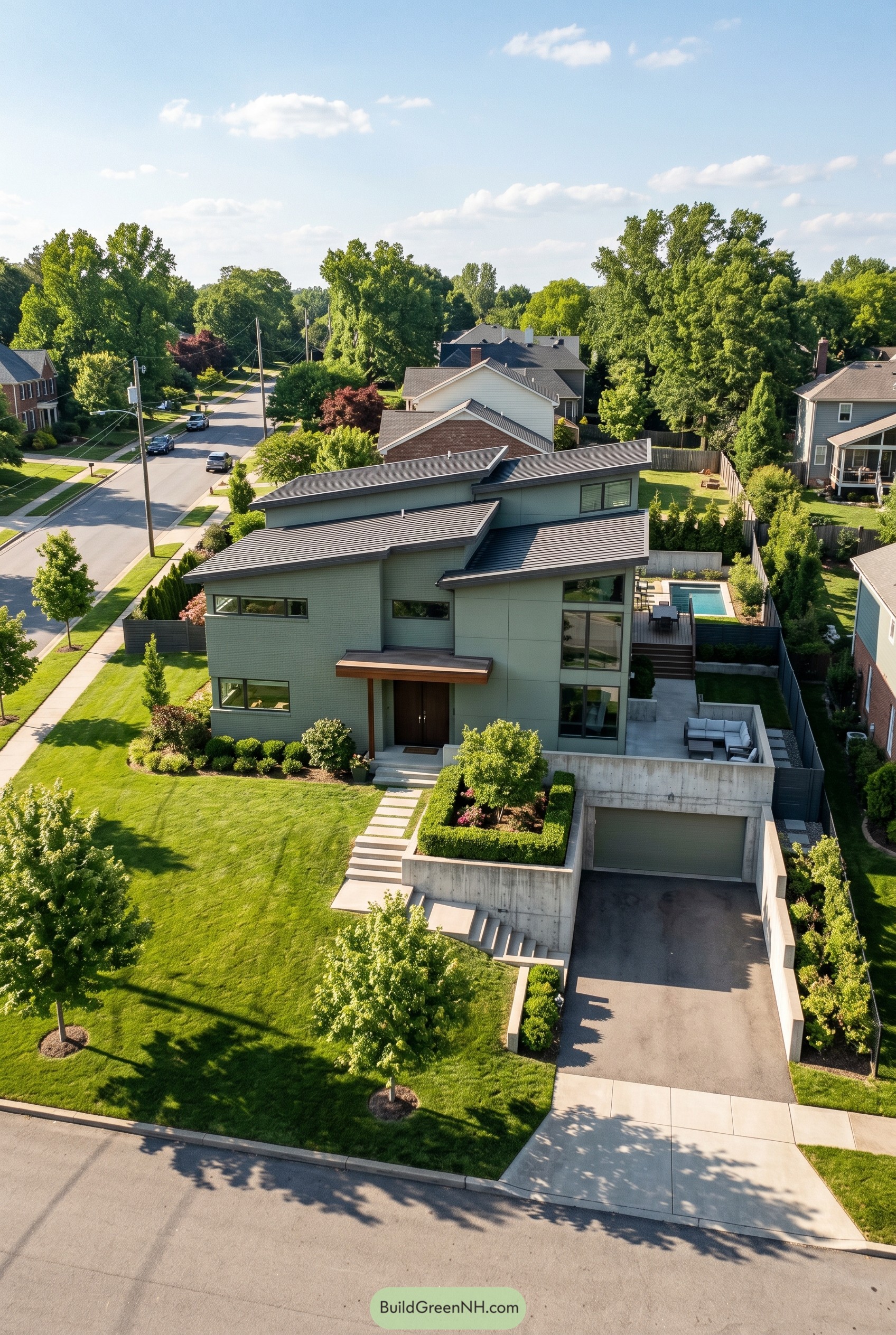 Ultra modern sage green home with terraced entry and pool