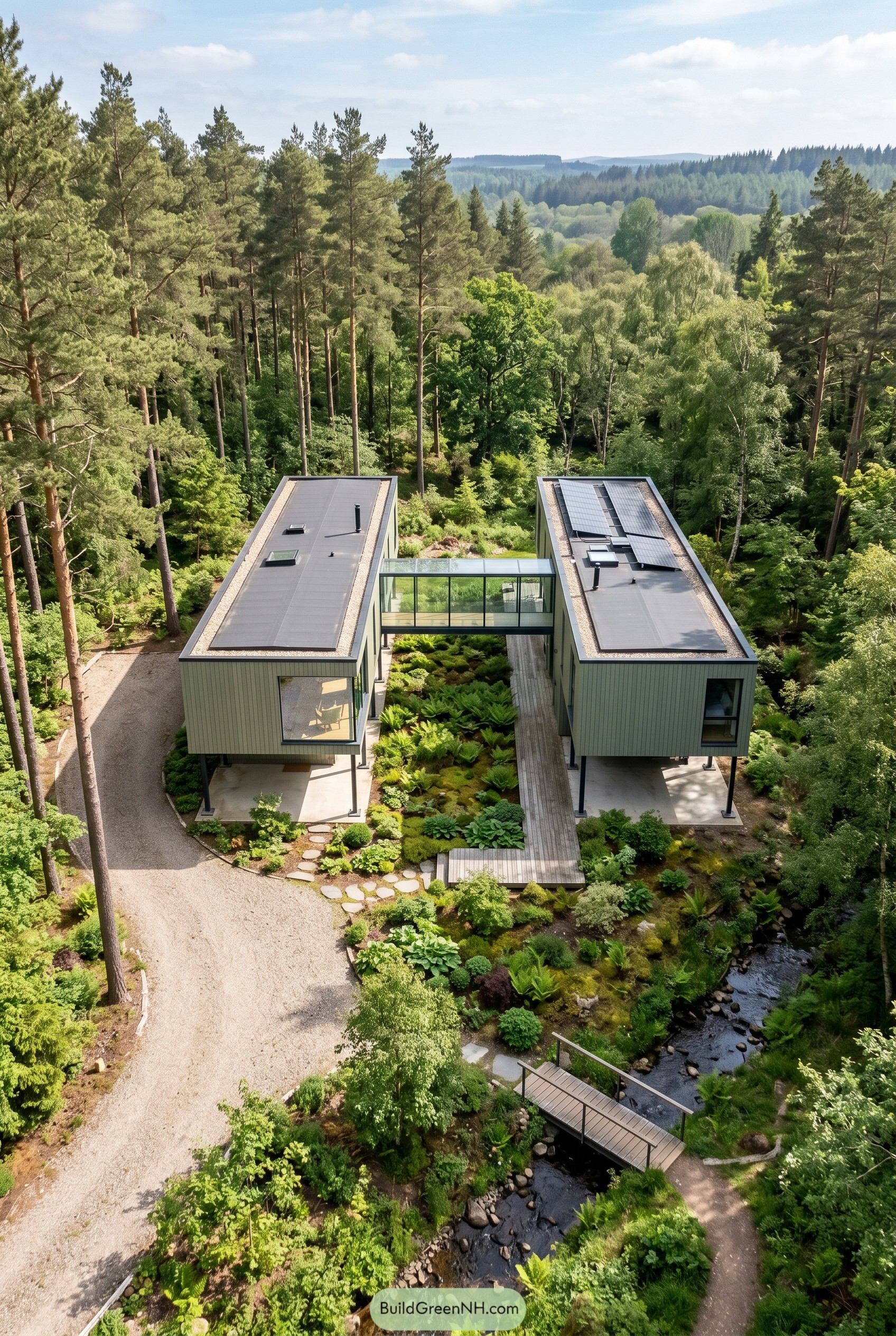 Sage green twin volumes linked by glass bridge in forest