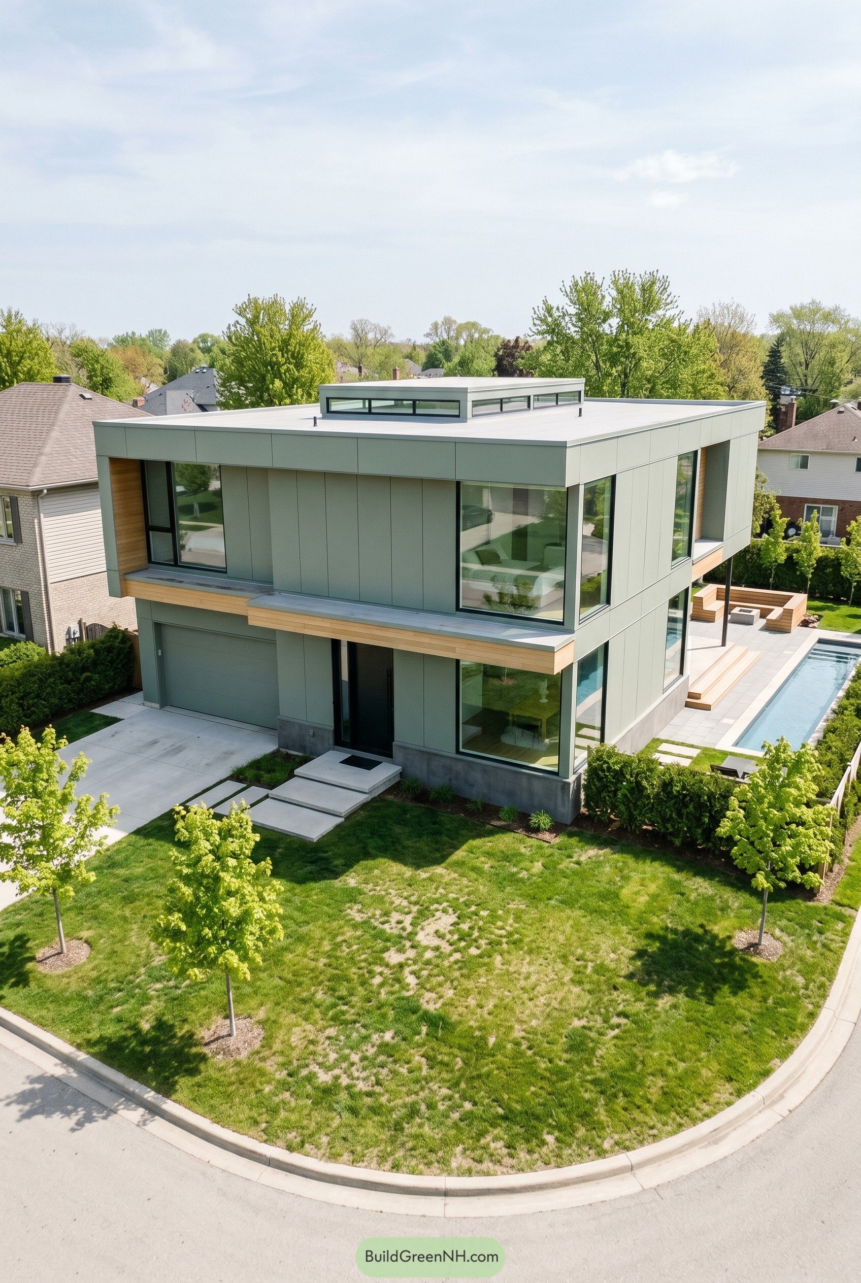 Sage green modern house with flat roof and lap pool