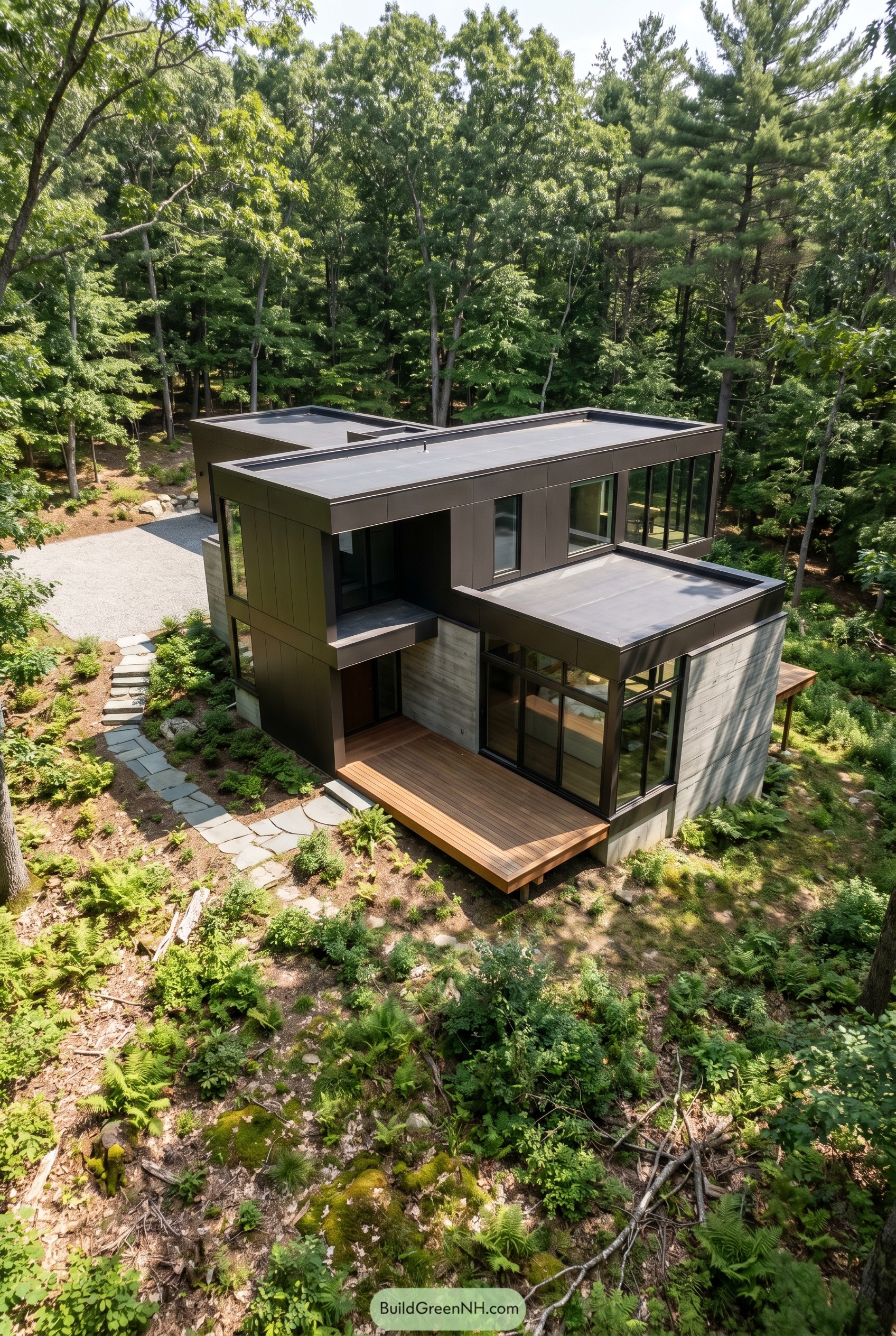 Bronze modern house tucked into forest slope