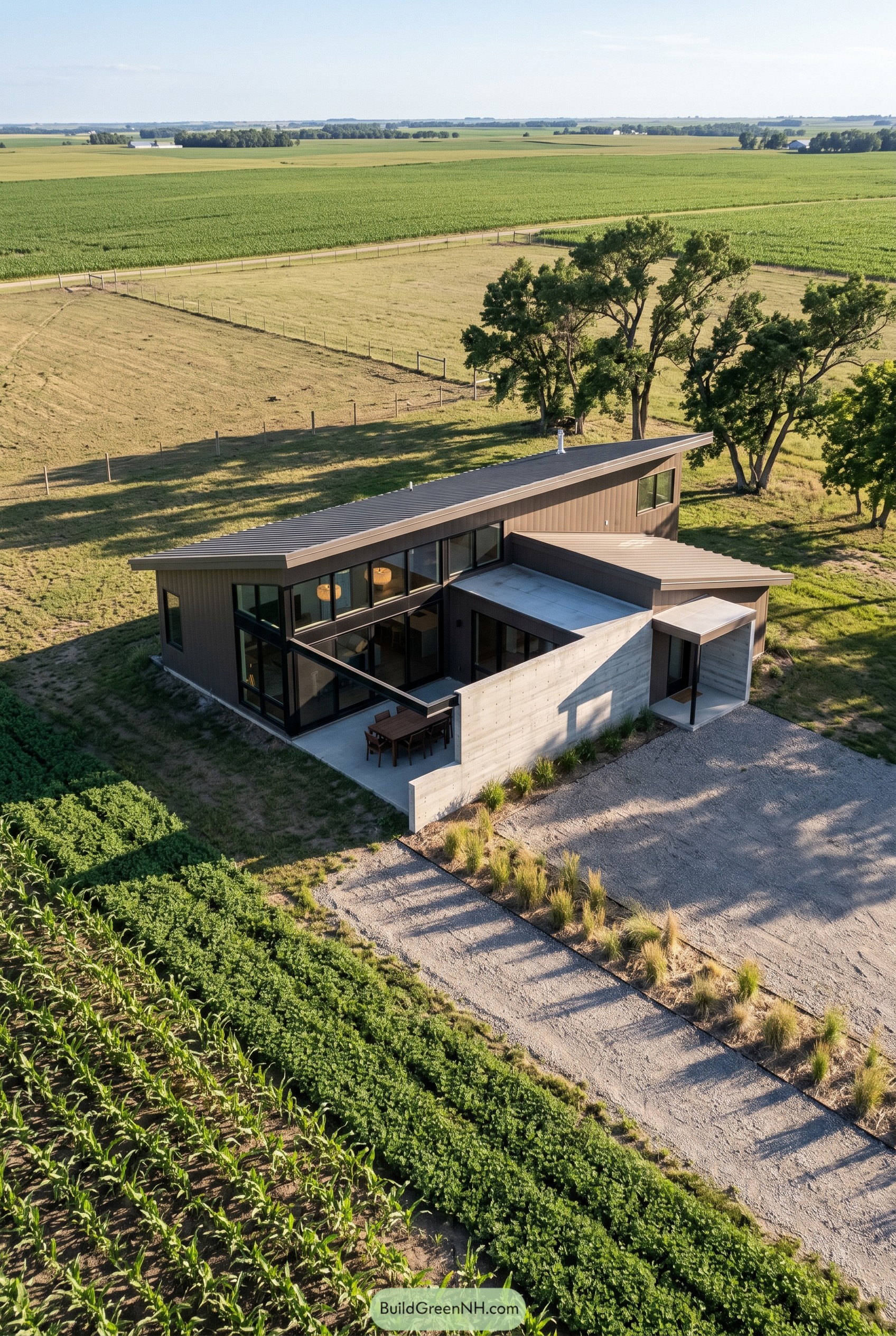 Bronze modern house with sloped roof in farmland