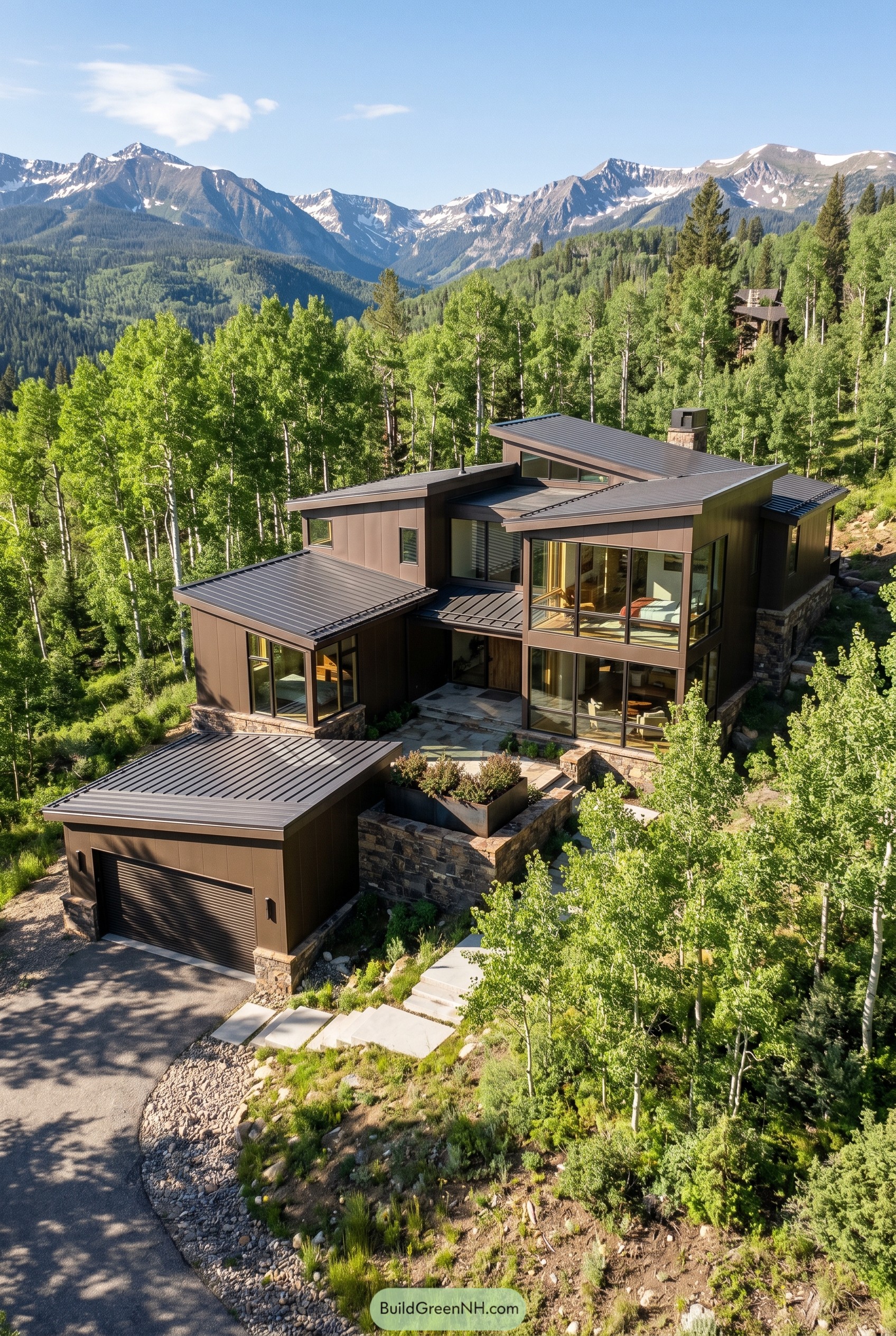 Modern bronze mountain house with angular roofs