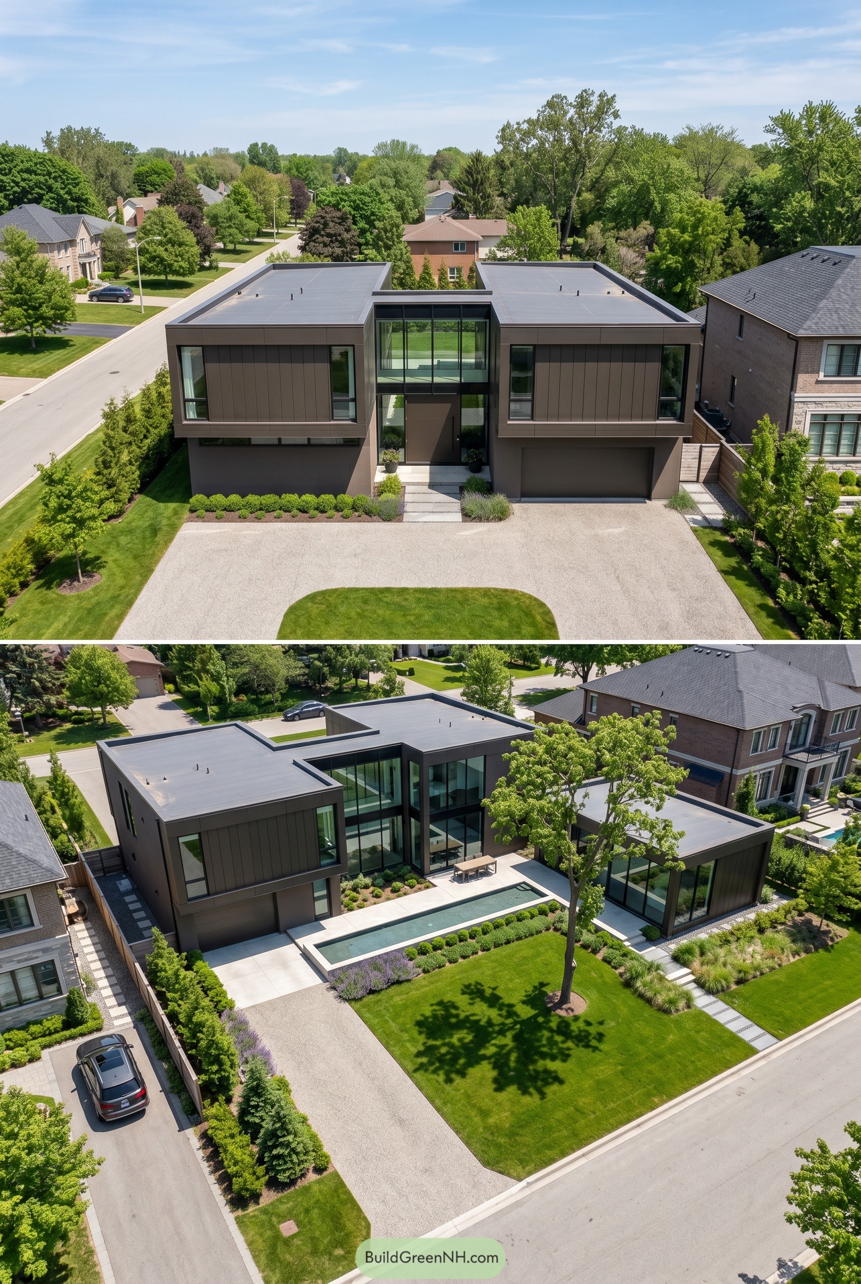 Modern bronze house with flat roofs and courtyard pool
