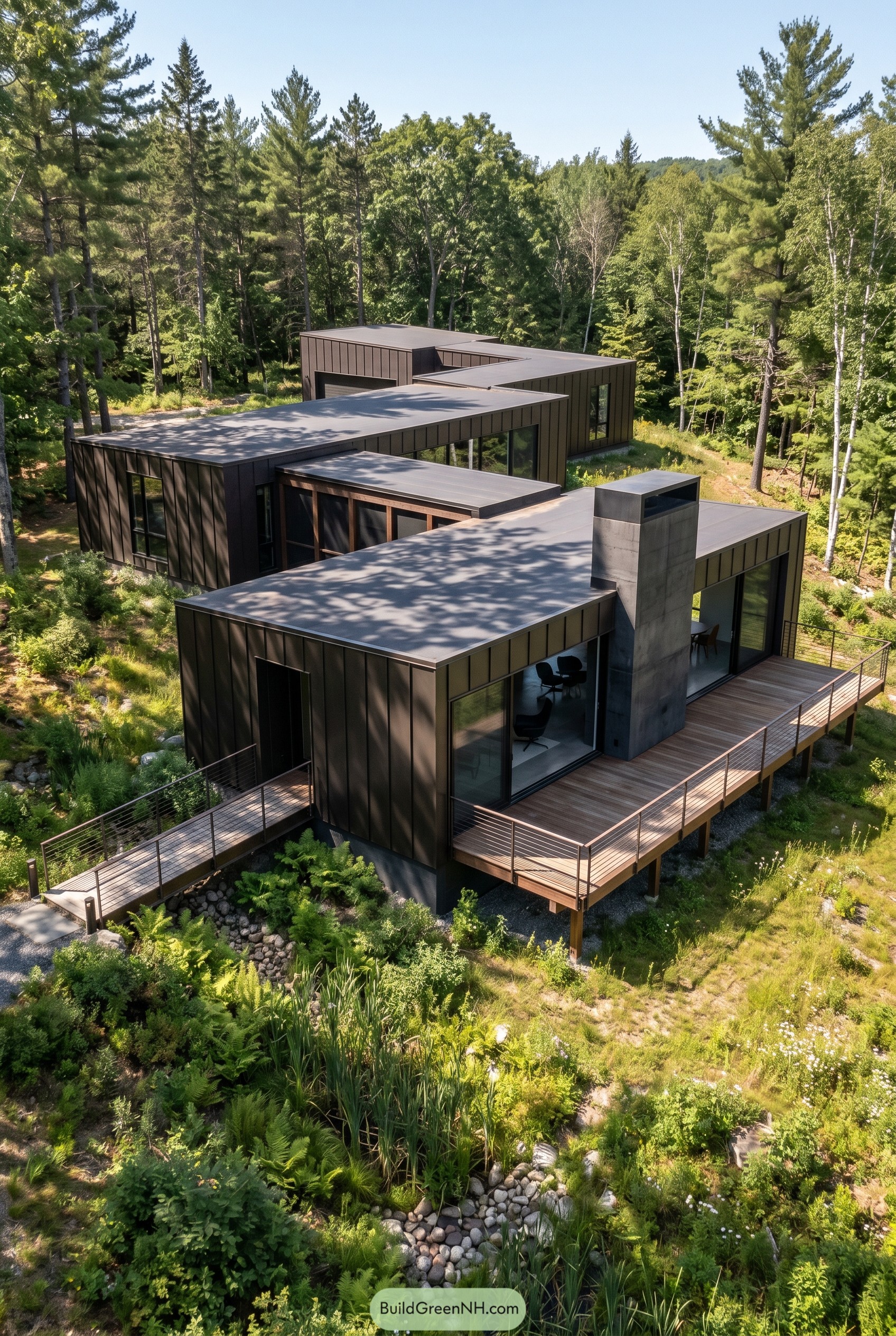 Bronze modular house with deck in forest