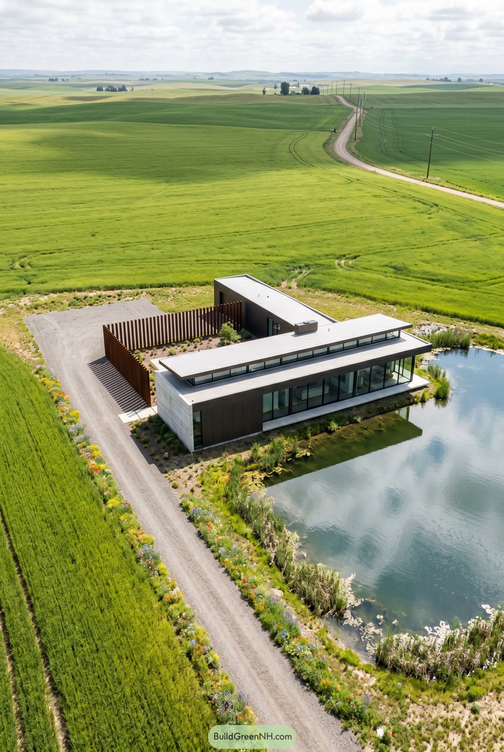 Bronze modern home beside a pond and fields