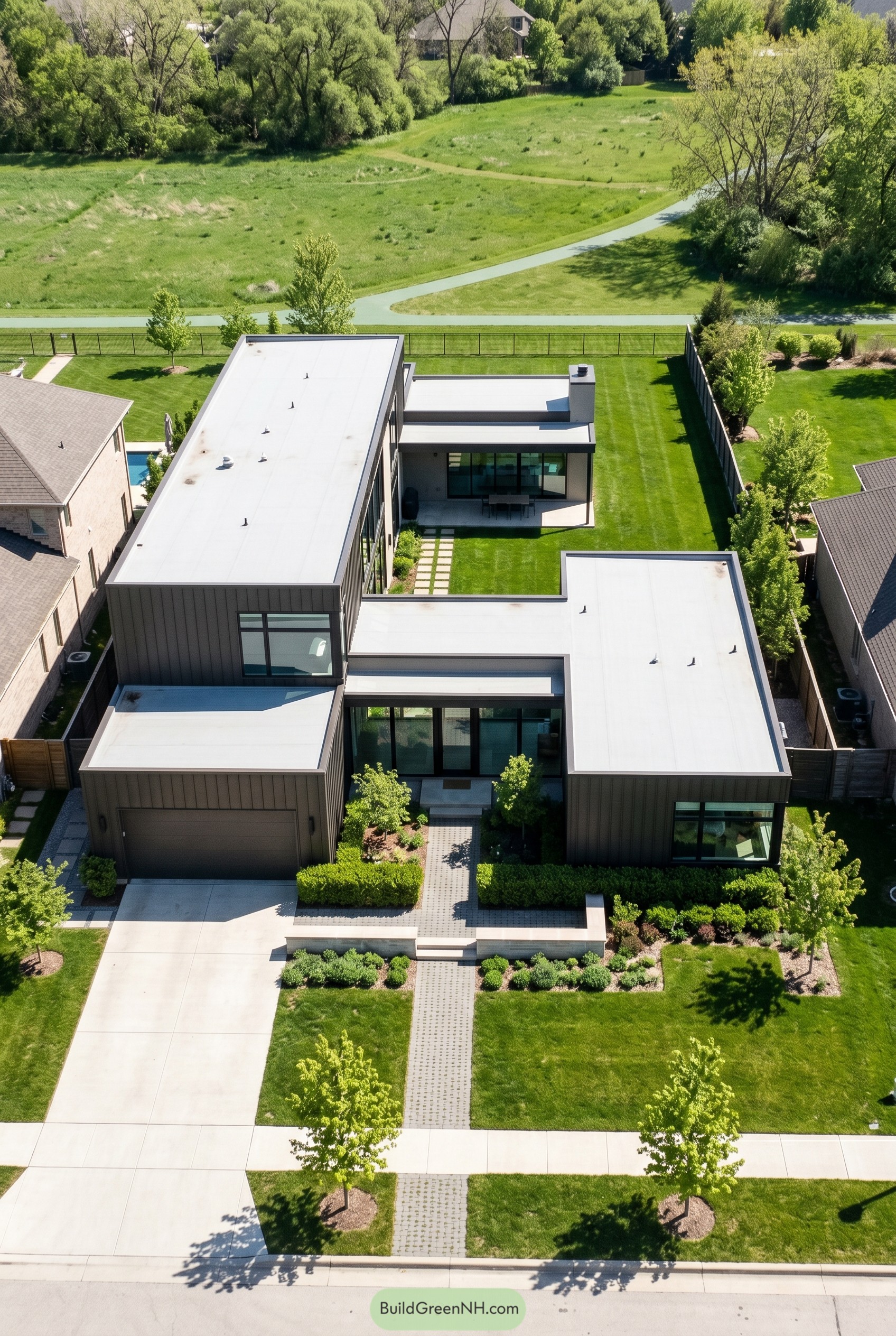 Aerial view of a bronze flat roof modern home