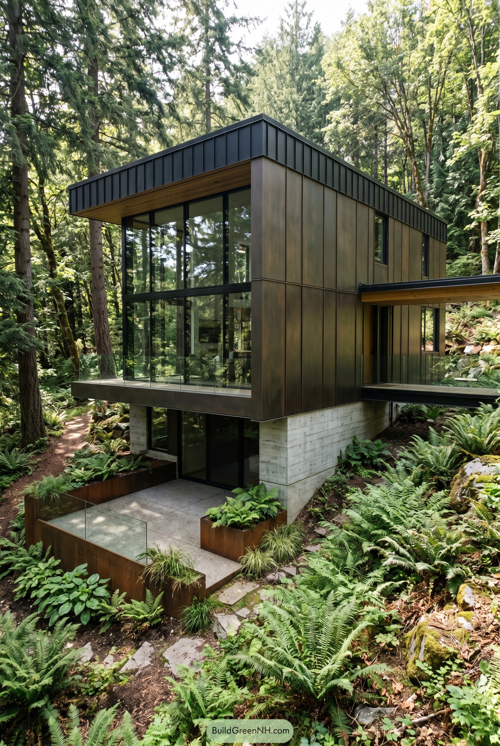 Bronze clad modern house in dense forest