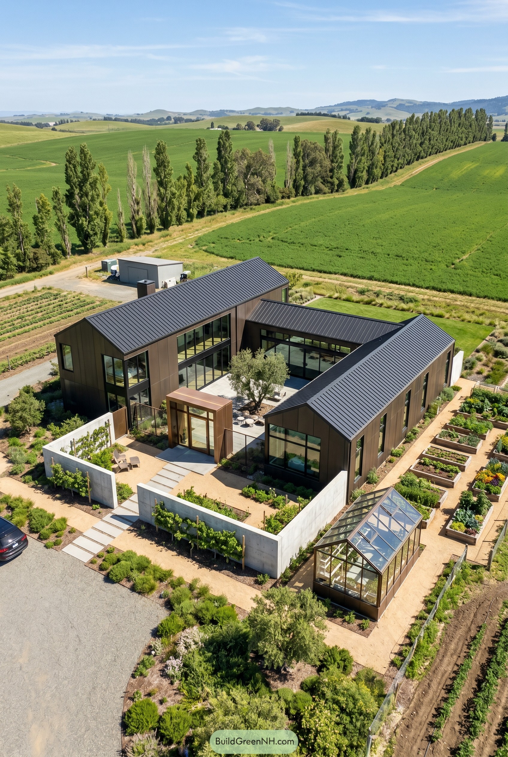 Bronze gabled home with courtyard greenhouse and garden beds