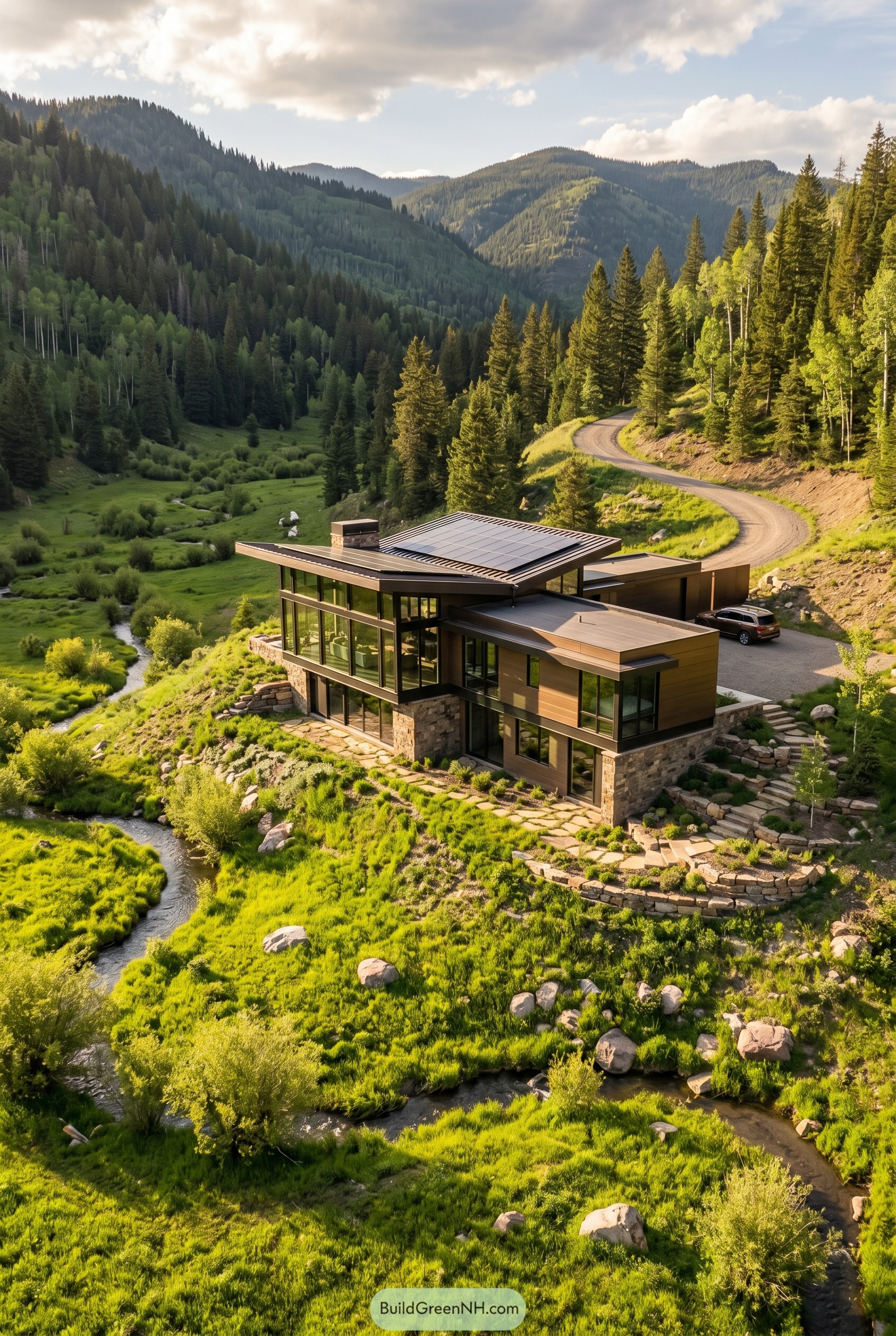Modern bronze mountain home beside a winding creek