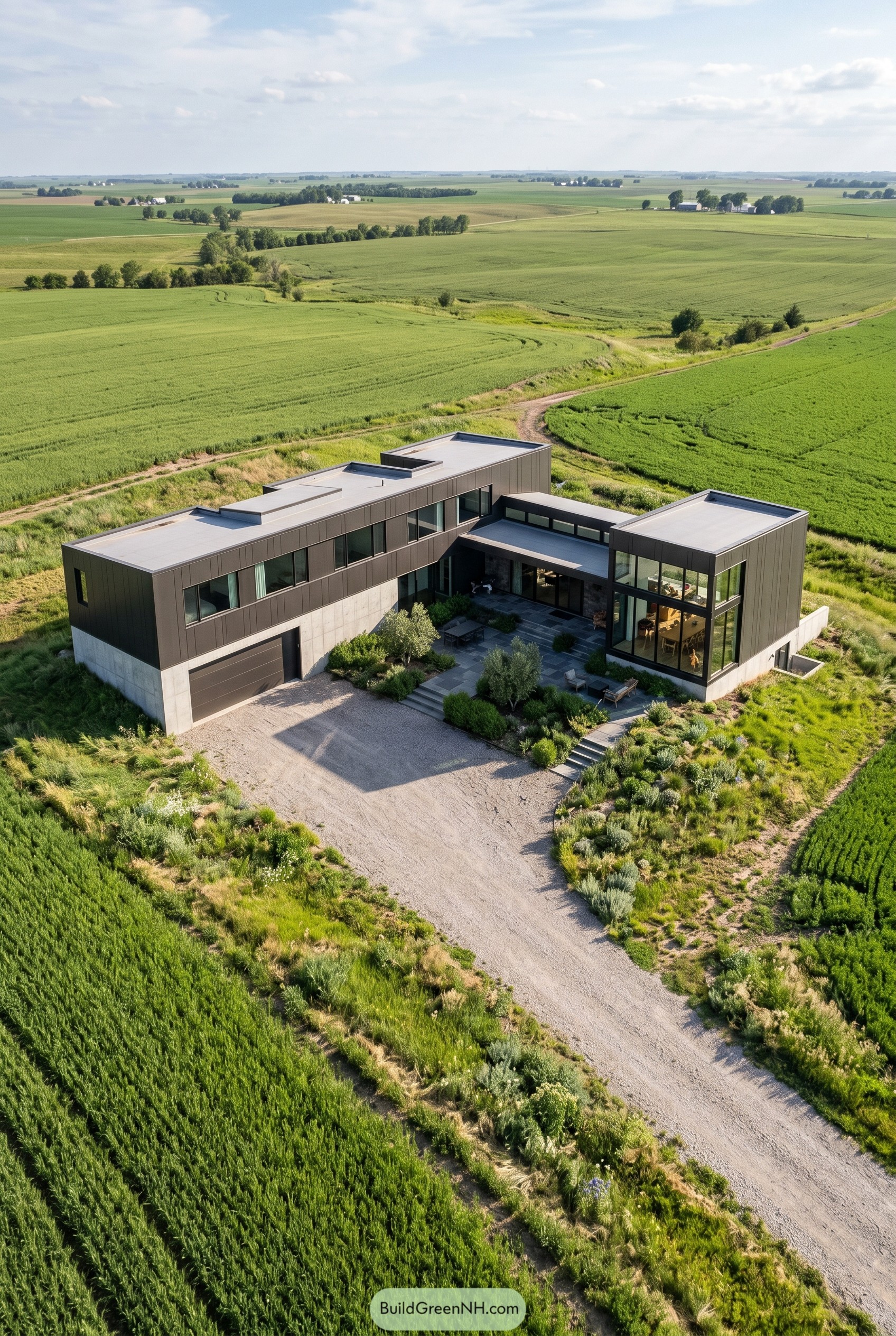 Aerial view of a bronze modern house in open farmland