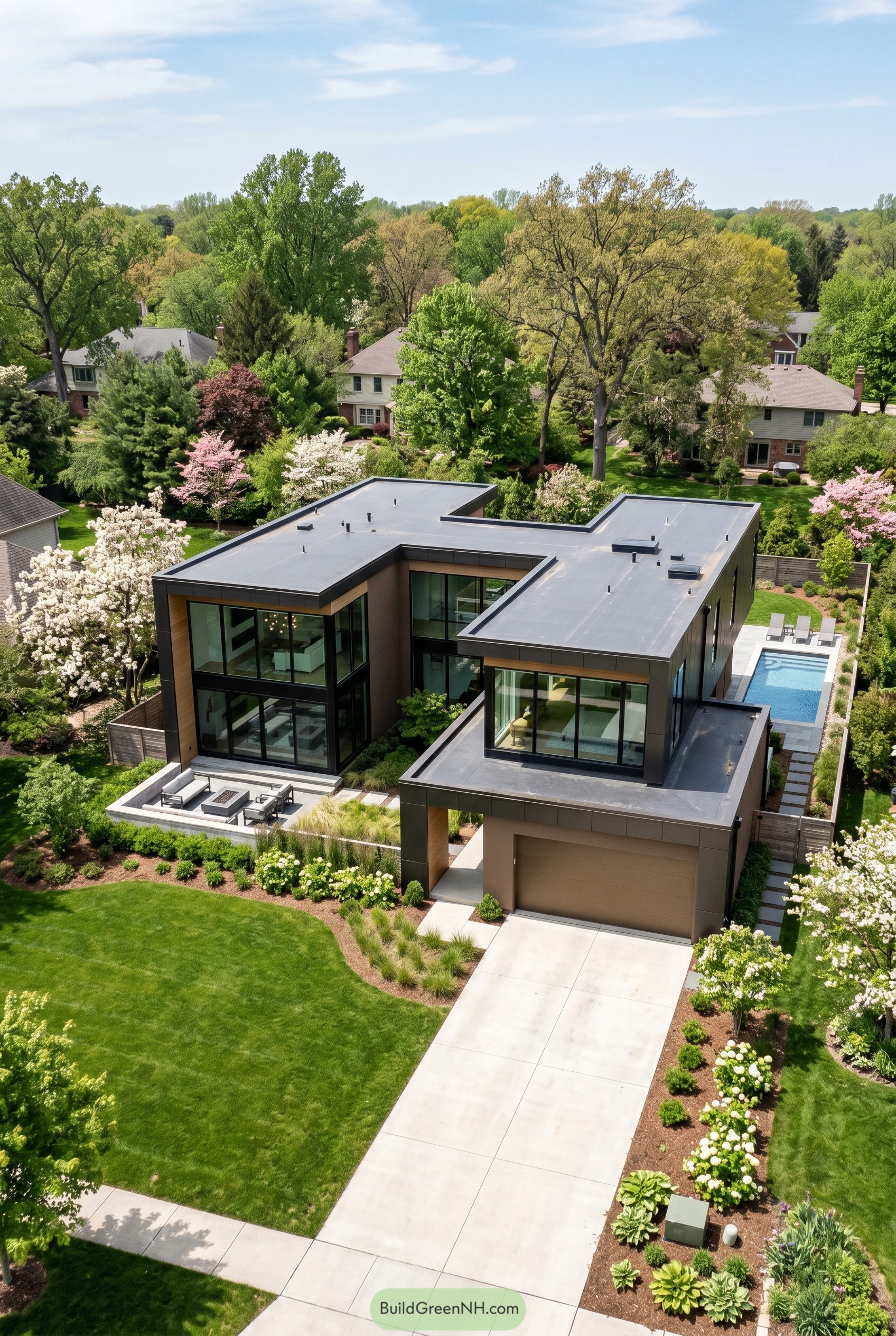 Two story bronze modern home with pool