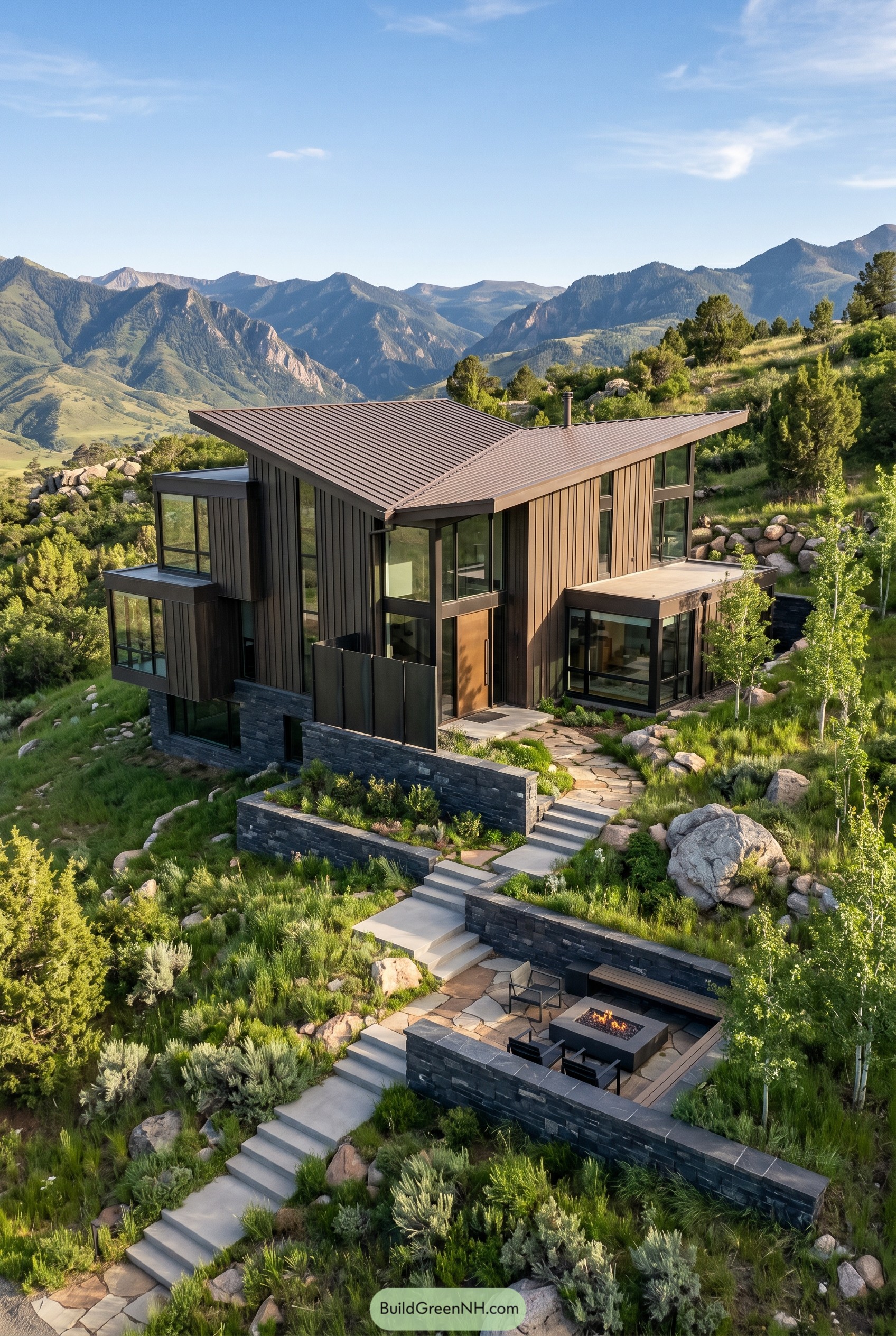 Bronze mountain home on a terraced hillside