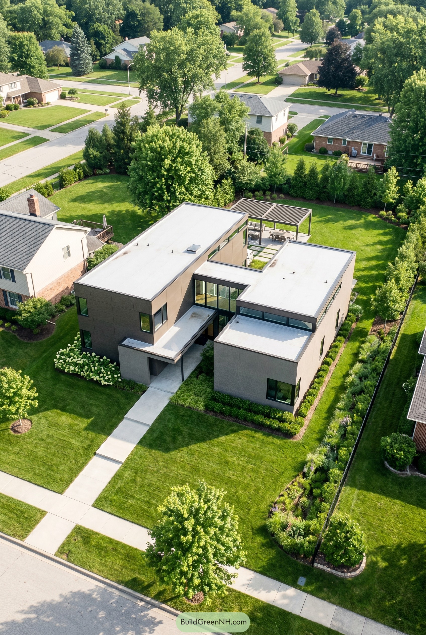 Aerial view of a bronze modern home with flat roofs